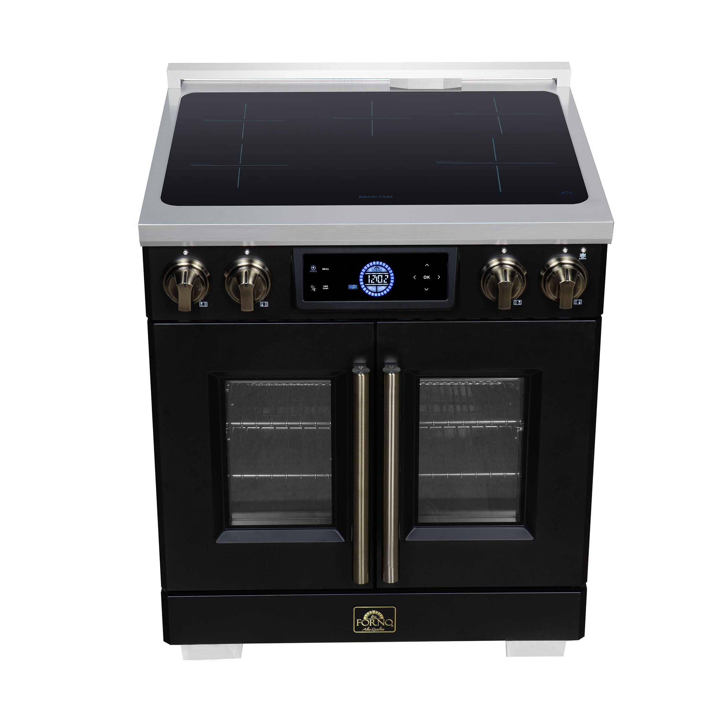 Maximus 30-Inch Induction range, French Door, 4 Cooking Zones, 4.32 cf. Convection Oven, Air Sous Vide, Air Fry Basket, Black