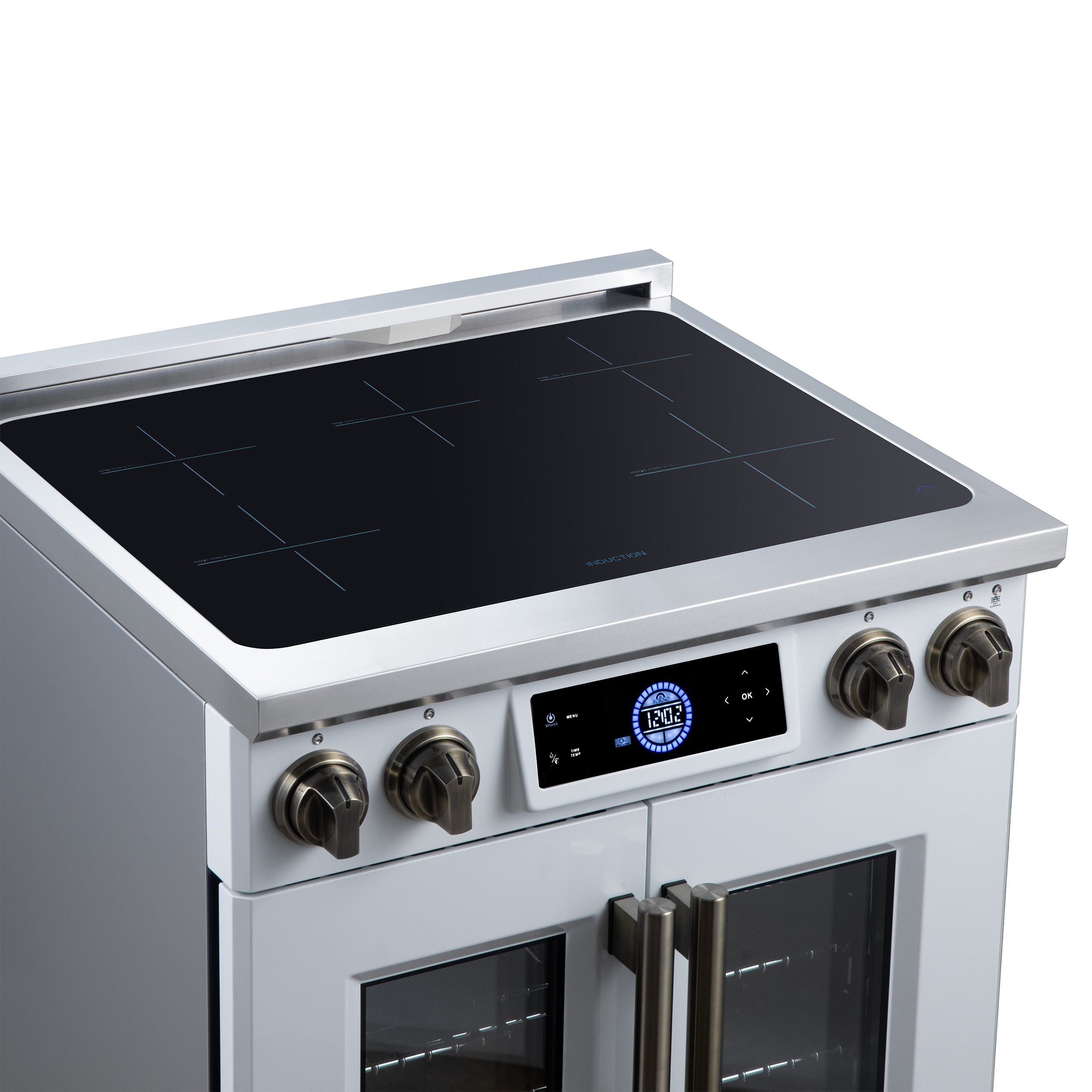Maximus 30-Inch Induction range, French Door, 4 Cooking Zones, 4.32 cf. Convection Oven, Air Sous Vide, Air Fry Basket, White
