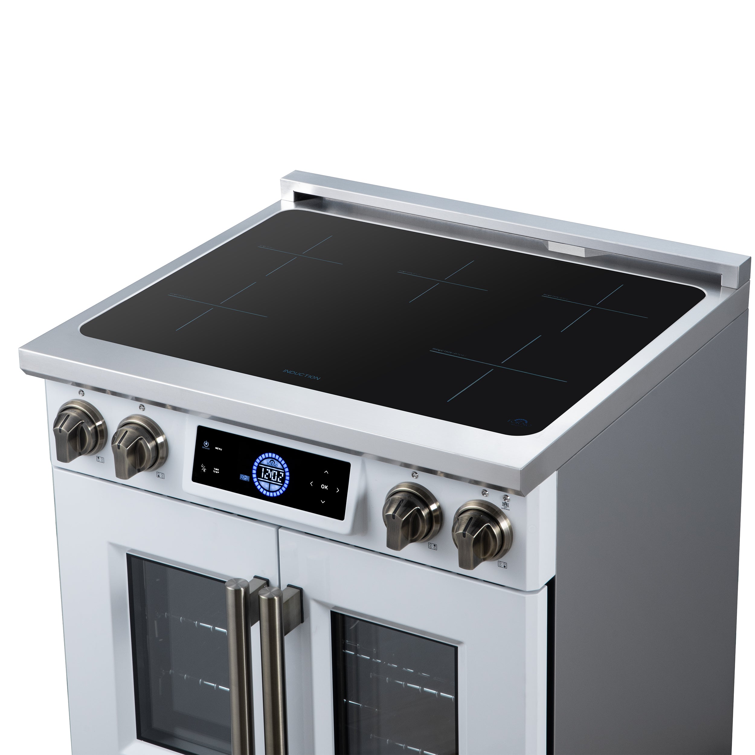 Maximus 30-Inch Induction range, French Door, 4 Cooking Zones, 4.32 cf. Convection Oven, Air Sous Vide, Air Fry Basket, White