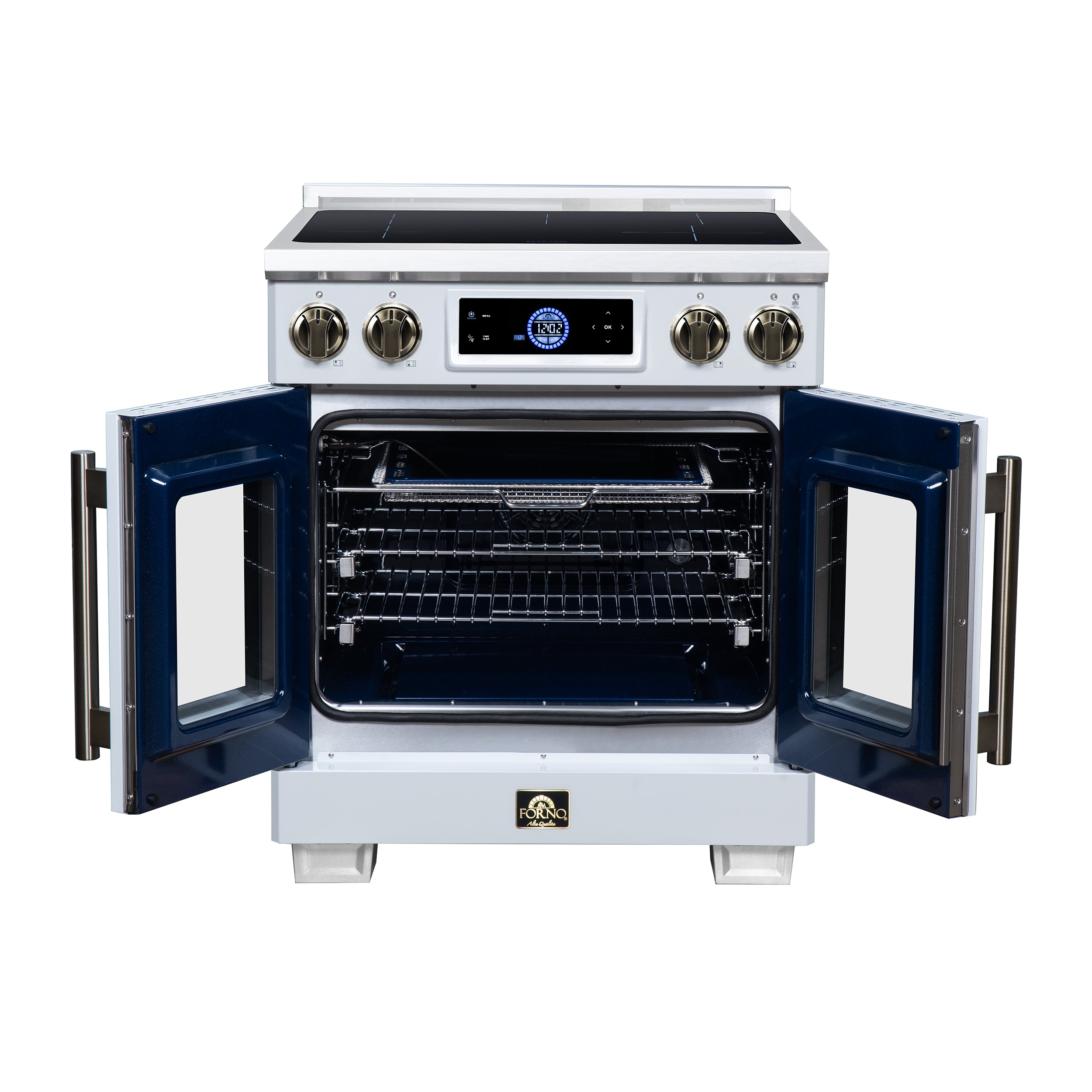 Maximus 30-Inch Induction range, French Door, 4 Cooking Zones, 4.32 cf. Convection Oven, Air Sous Vide, Air Fry Basket, White