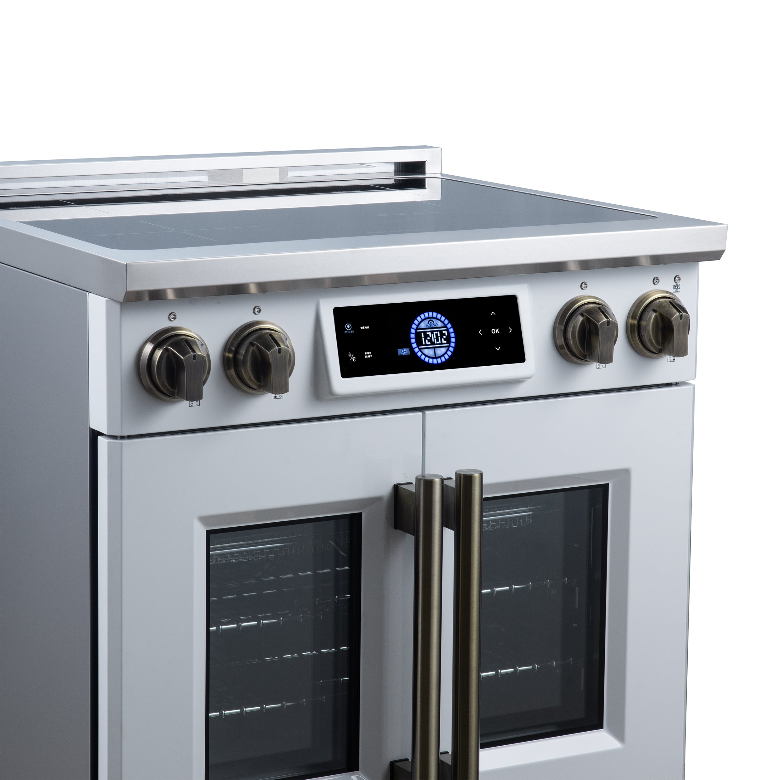 Maximus 30-Inch Induction range, French Door, 4 Cooking Zones, 4.32 cf. Convection Oven, Air Sous Vide, Air Fry Basket, White