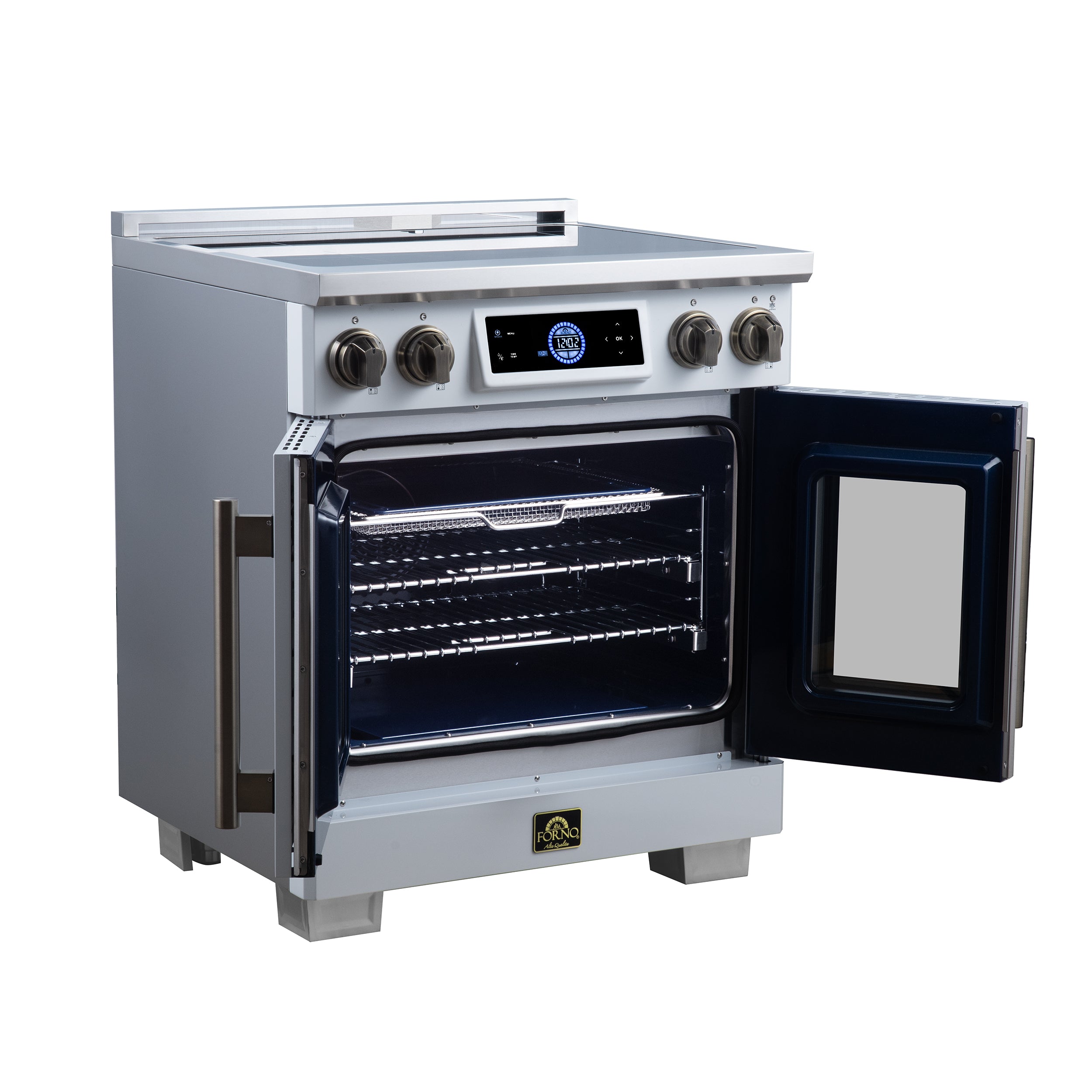 Maximus 30-Inch Induction range, French Door, 4 Cooking Zones, 4.32 cf. Convection Oven, Air Sous Vide, Air Fry Basket, White