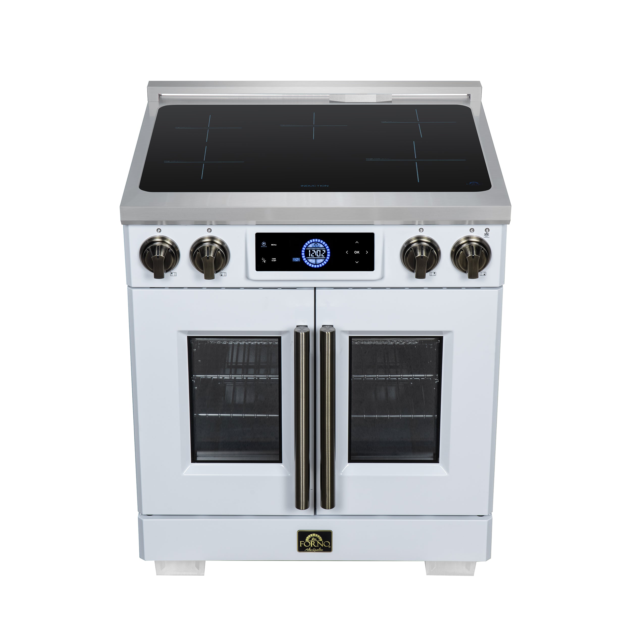 Maximus 30-Inch Induction range, French Door, 4 Cooking Zones, 4.32 cf. Convection Oven, Air Sous Vide, Air Fry Basket, White