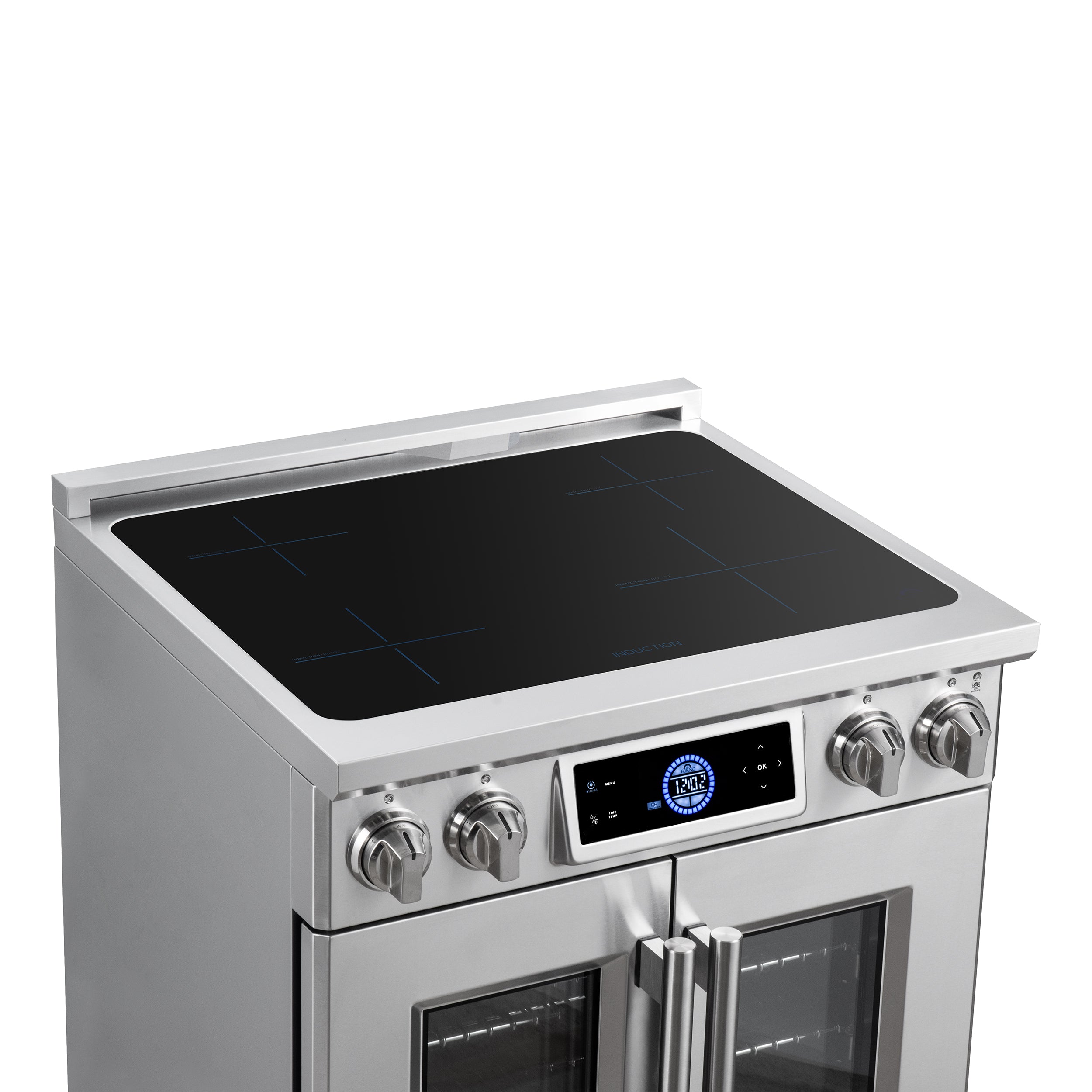 Maximus 30-Inch Induction range, French Door, 4 Cooking Zones, 4.32 cf. Convection Oven, Air Sous Vide, Air Fry Basket, Stainless Steel