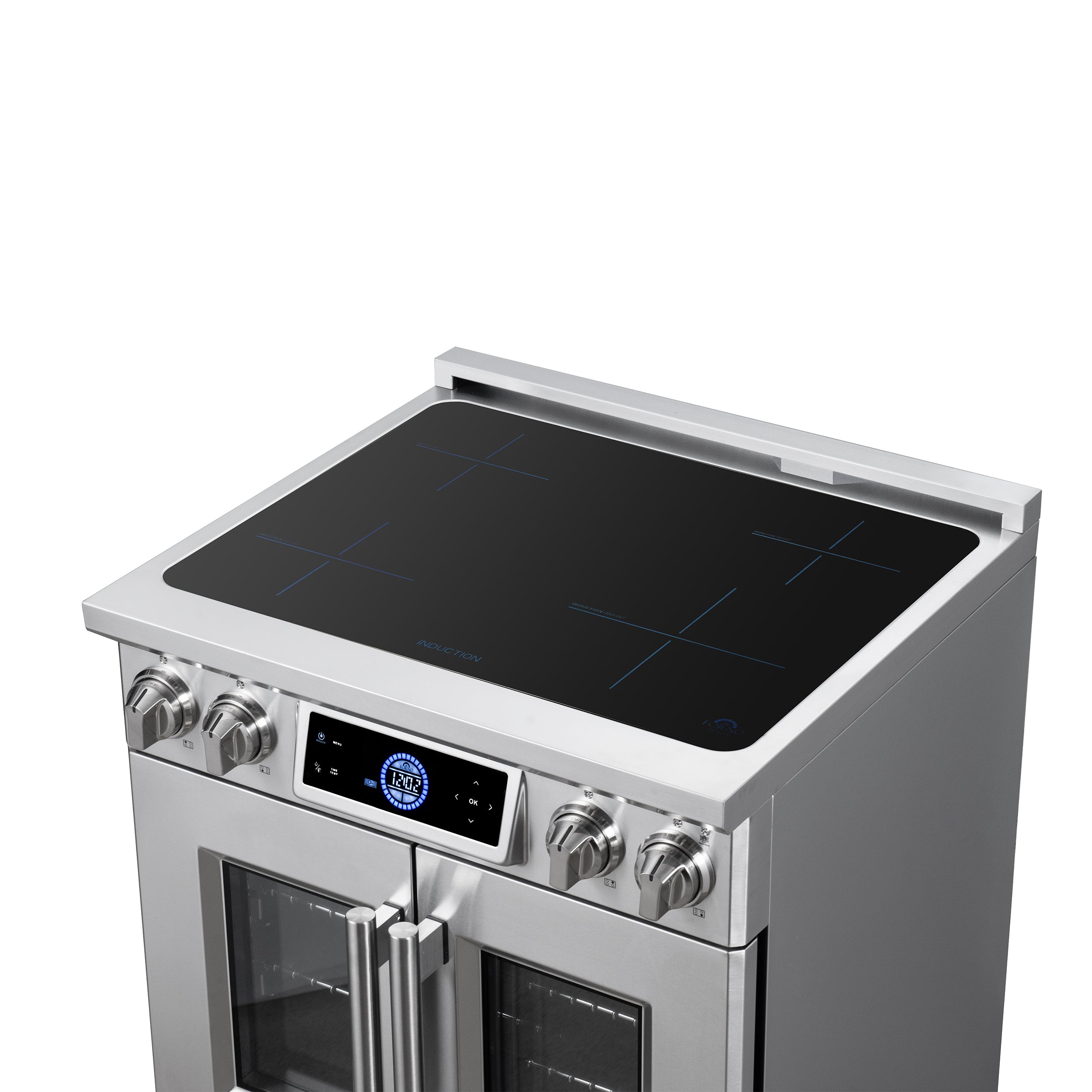 Maximus 30-Inch Induction range, French Door, 4 Cooking Zones, 4.32 cf. Convection Oven, Air Sous Vide, Air Fry Basket, Stainless Steel