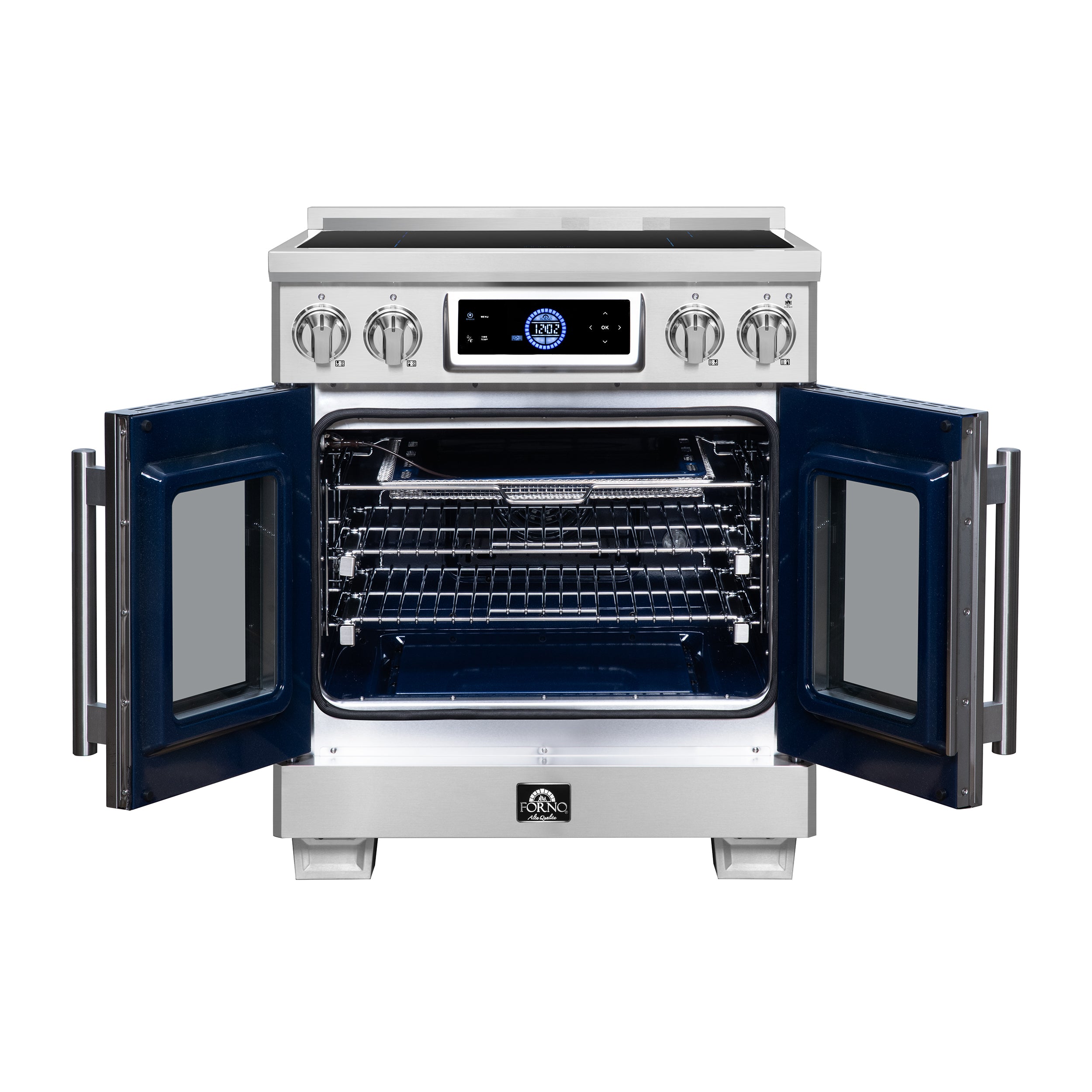 Maximus 30-Inch Induction range, French Door, 4 Cooking Zones, 4.32 cf. Convection Oven, Air Sous Vide, Air Fry Basket, Stainless Steel