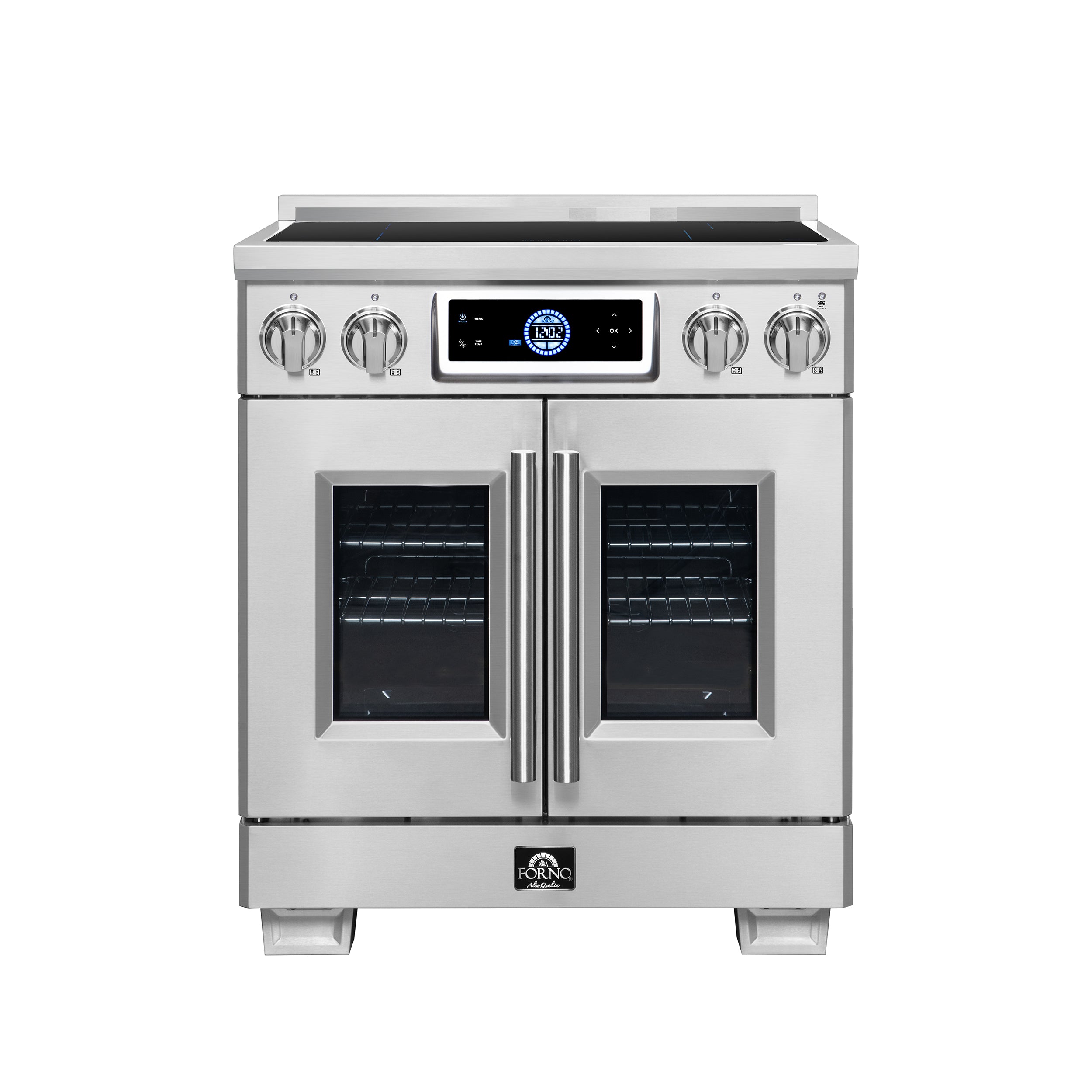 Maximus 30-Inch Induction range, French Door, 4 Cooking Zones, 4.32 cf. Convection Oven, Air Sous Vide, Air Fry Basket, Stainless Steel