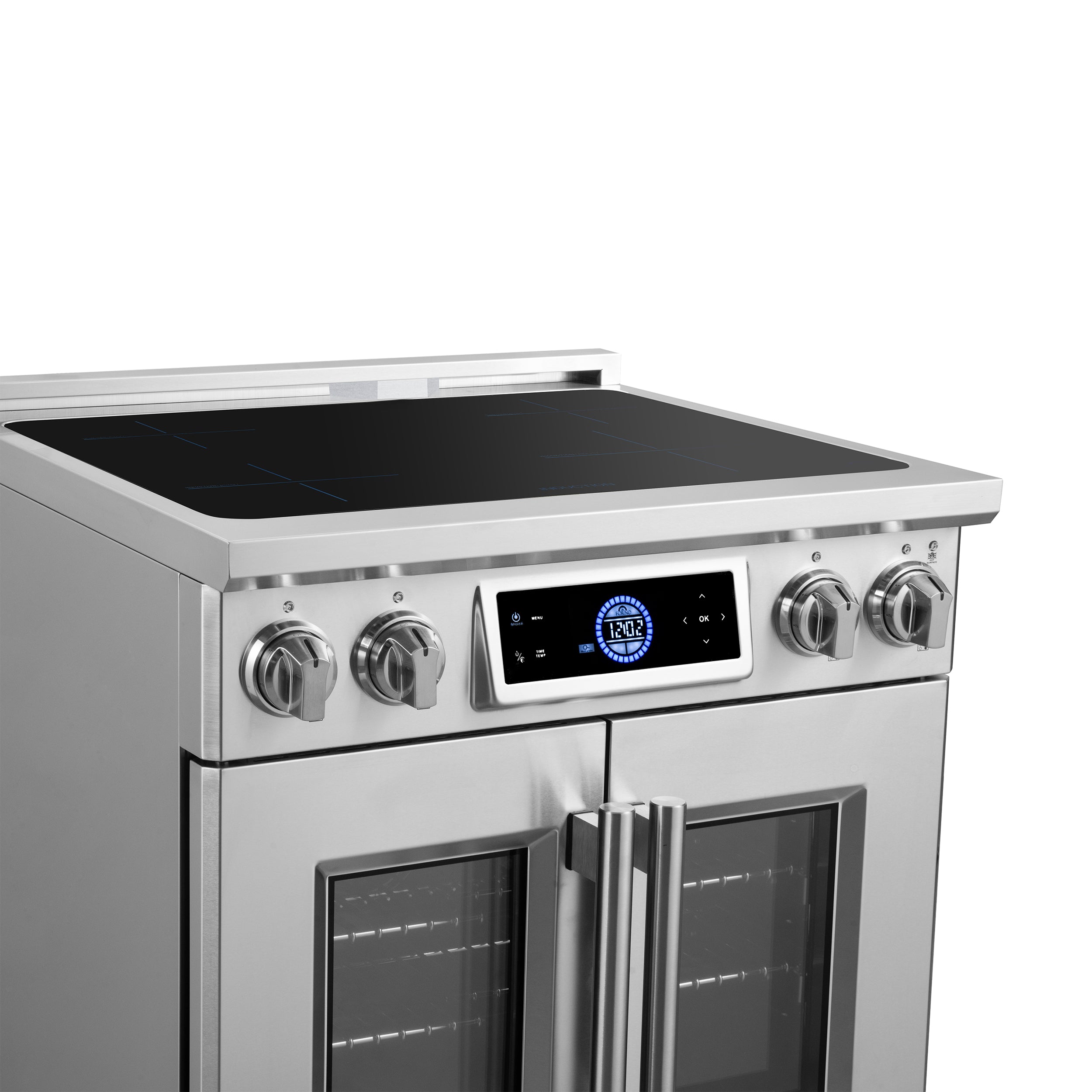 Maximus 30-Inch Induction range, French Door, 4 Cooking Zones, 4.32 cf. Convection Oven, Air Sous Vide, Air Fry Basket, Stainless Steel