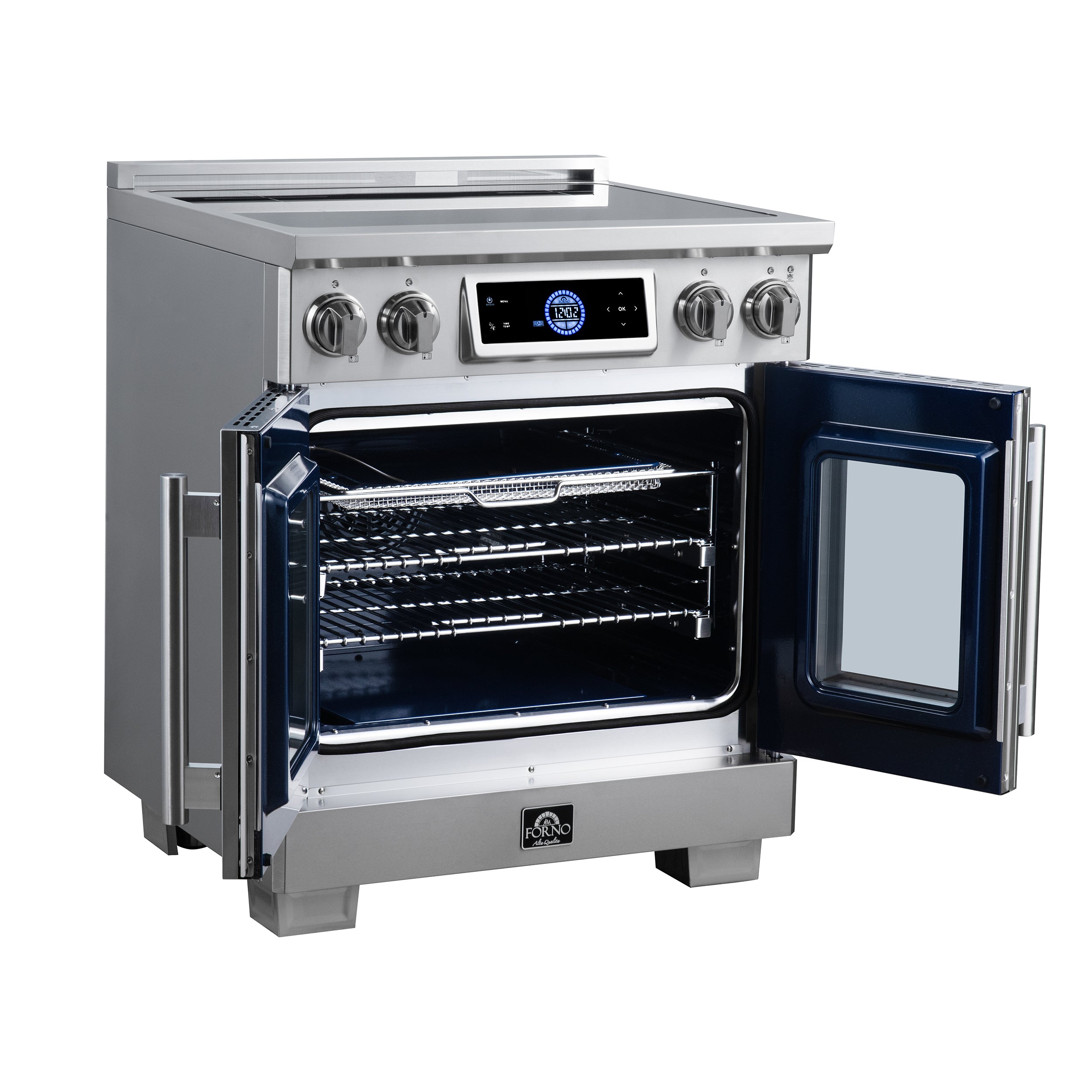 Maximus 30-Inch Induction range, French Door, 4 Cooking Zones, 4.32 cf. Convection Oven, Air Sous Vide, Air Fry Basket, Stainless Steel