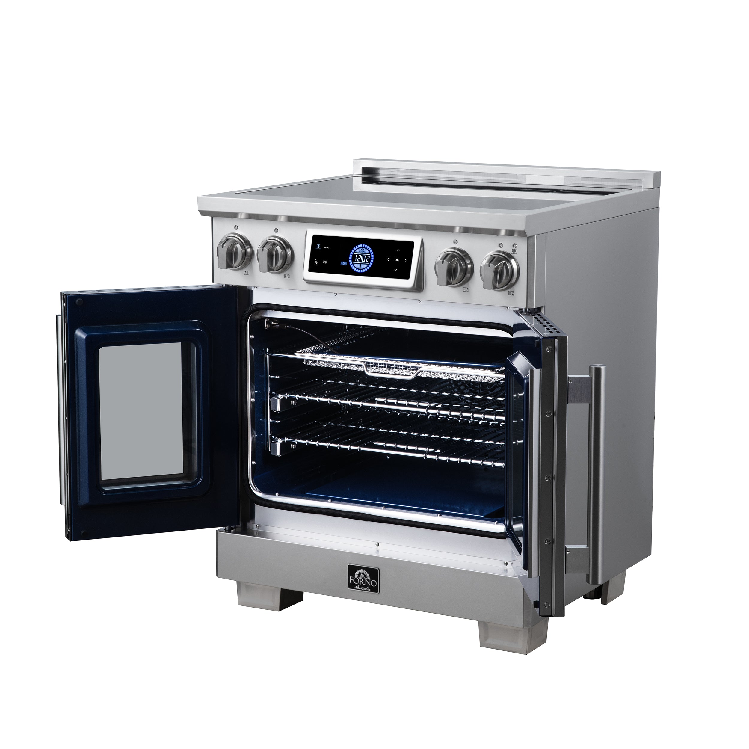 Maximus 30-Inch Induction range, French Door, 4 Cooking Zones, 4.32 cf. Convection Oven, Air Sous Vide, Air Fry Basket, Stainless Steel