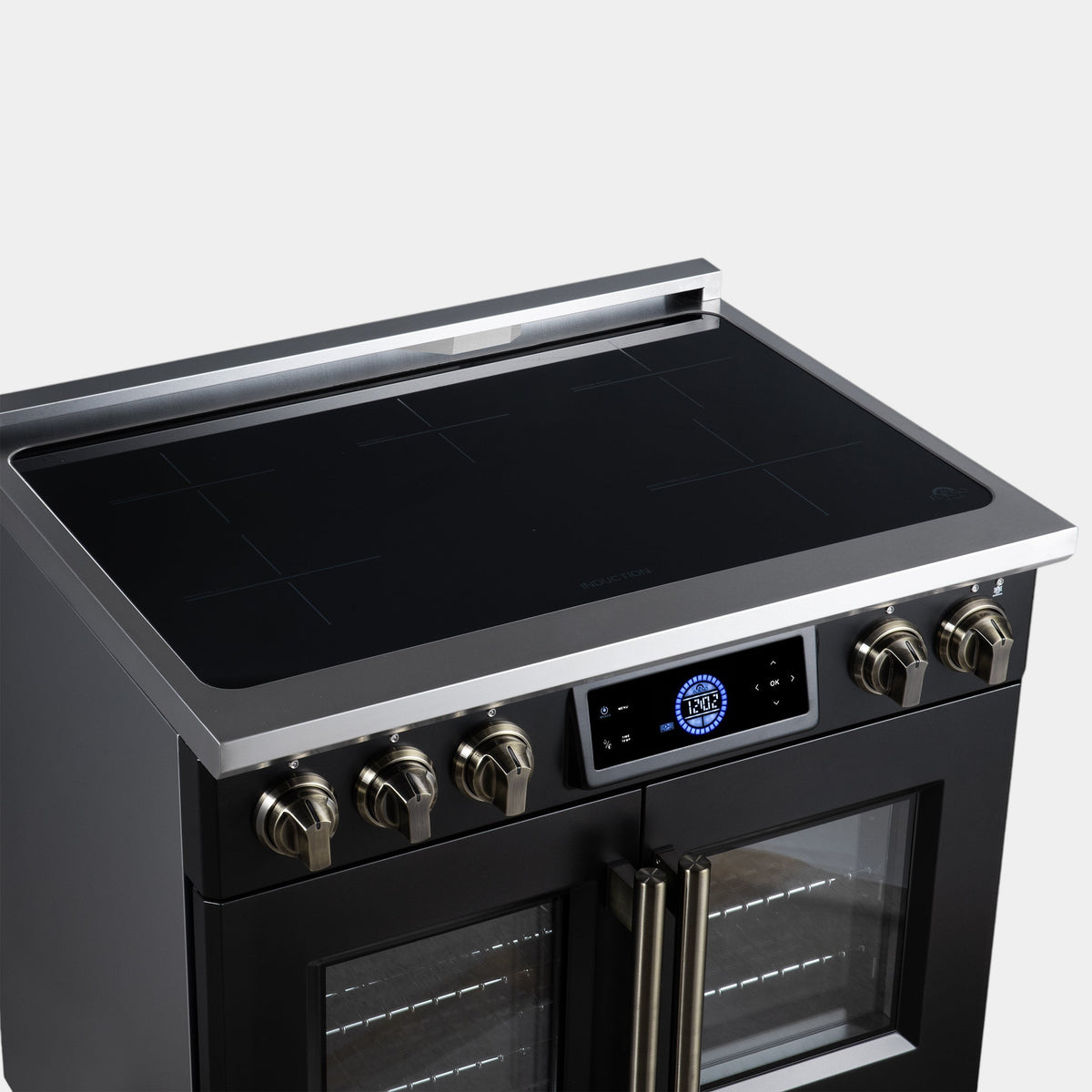 Forno Maximus 36 in. 5.36 cu. ft. Black French Door Induction Range with Air Fry, True Convection, Air Sous Vide and Antique Brass Accents | FFSIN0932-36BLK