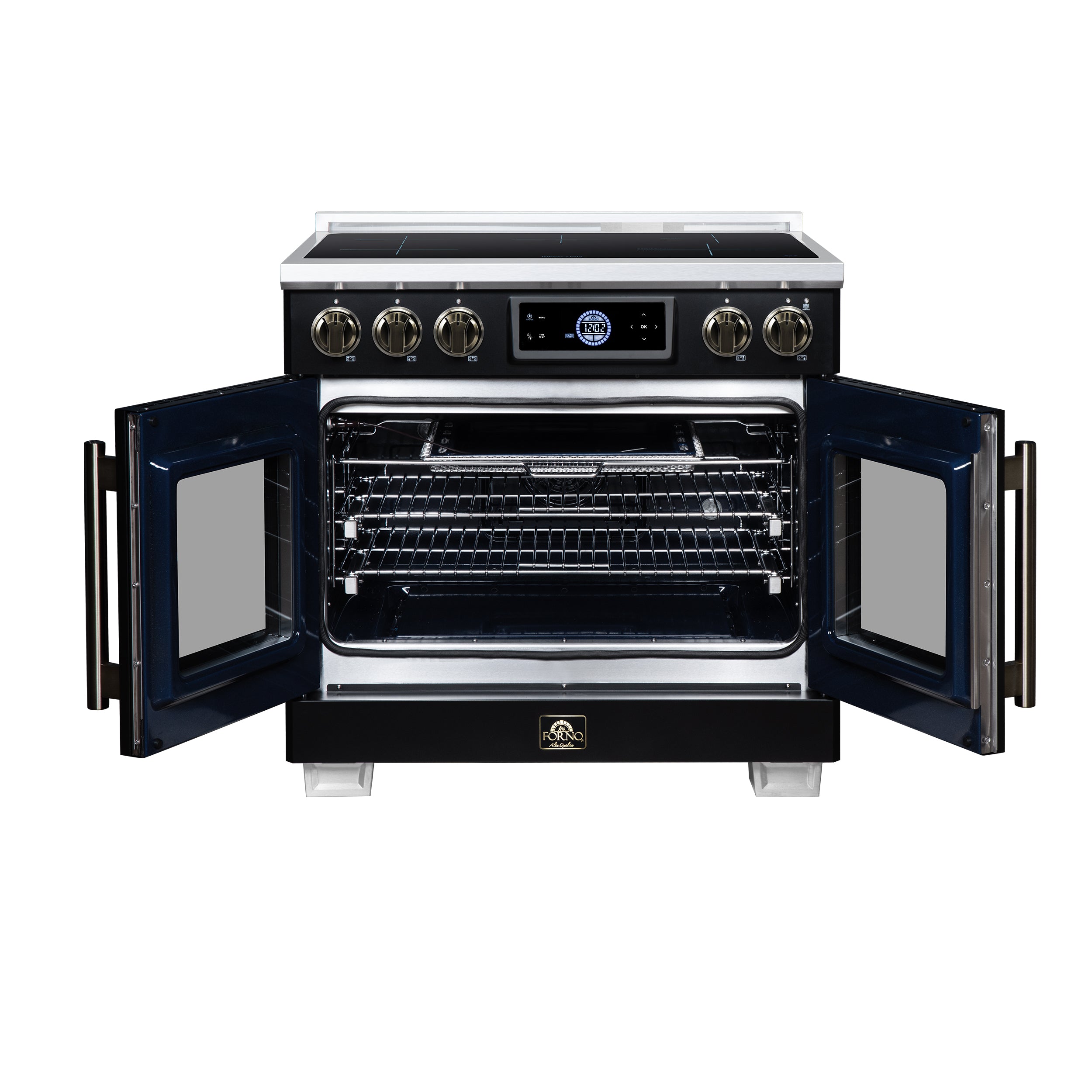 Maximus 36-Inch Induction range, French Door, 5 Cooking Zones, 5.36 cf. Convection Oven, Air Sous Vide, Air Fry Basket, Black