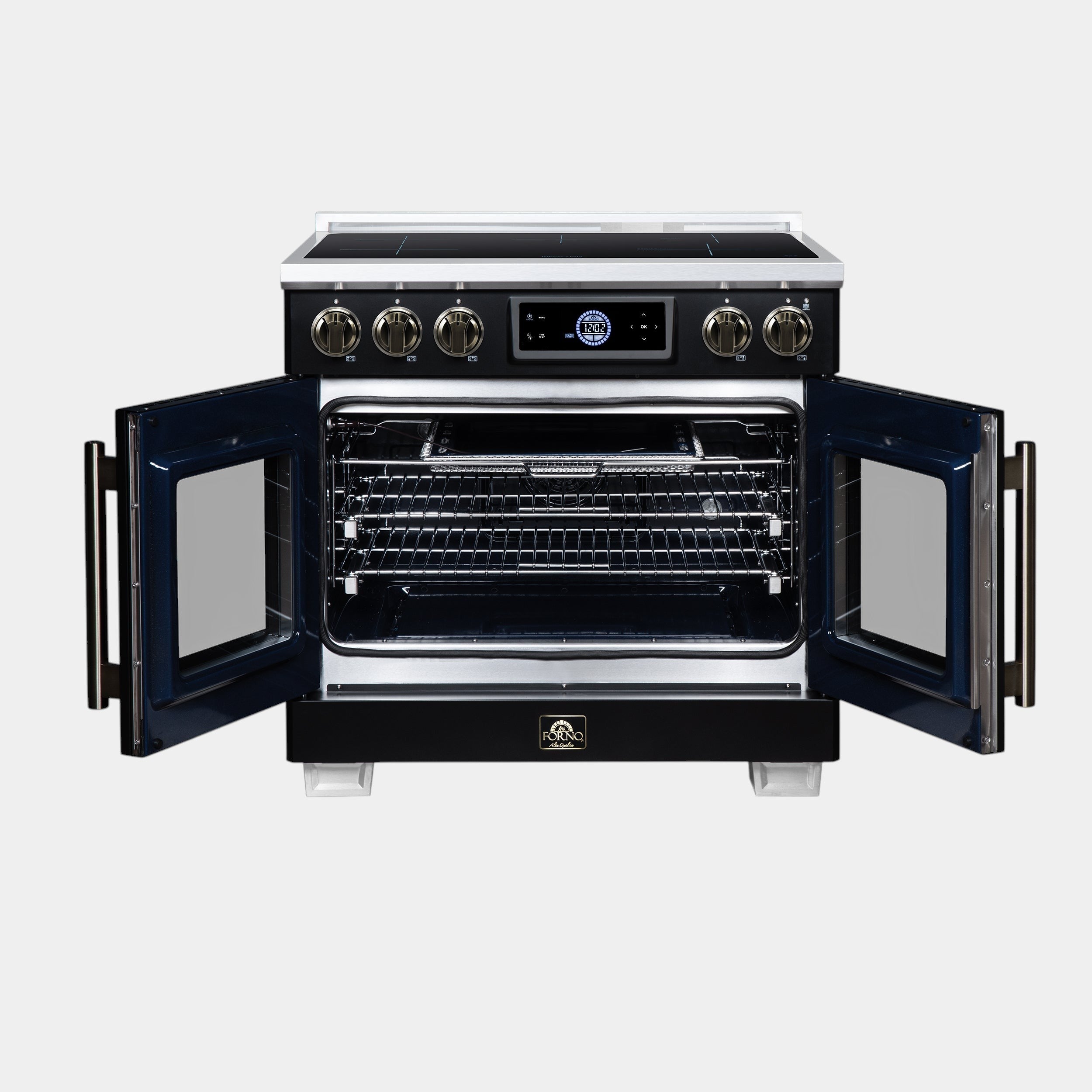 Forno Maximus 36 in. 5.36 cu. ft. Black French Door Induction Range with Air Fry, True Convection, Air Sous Vide and Antique Brass Accents | FFSIN0932-36BLK