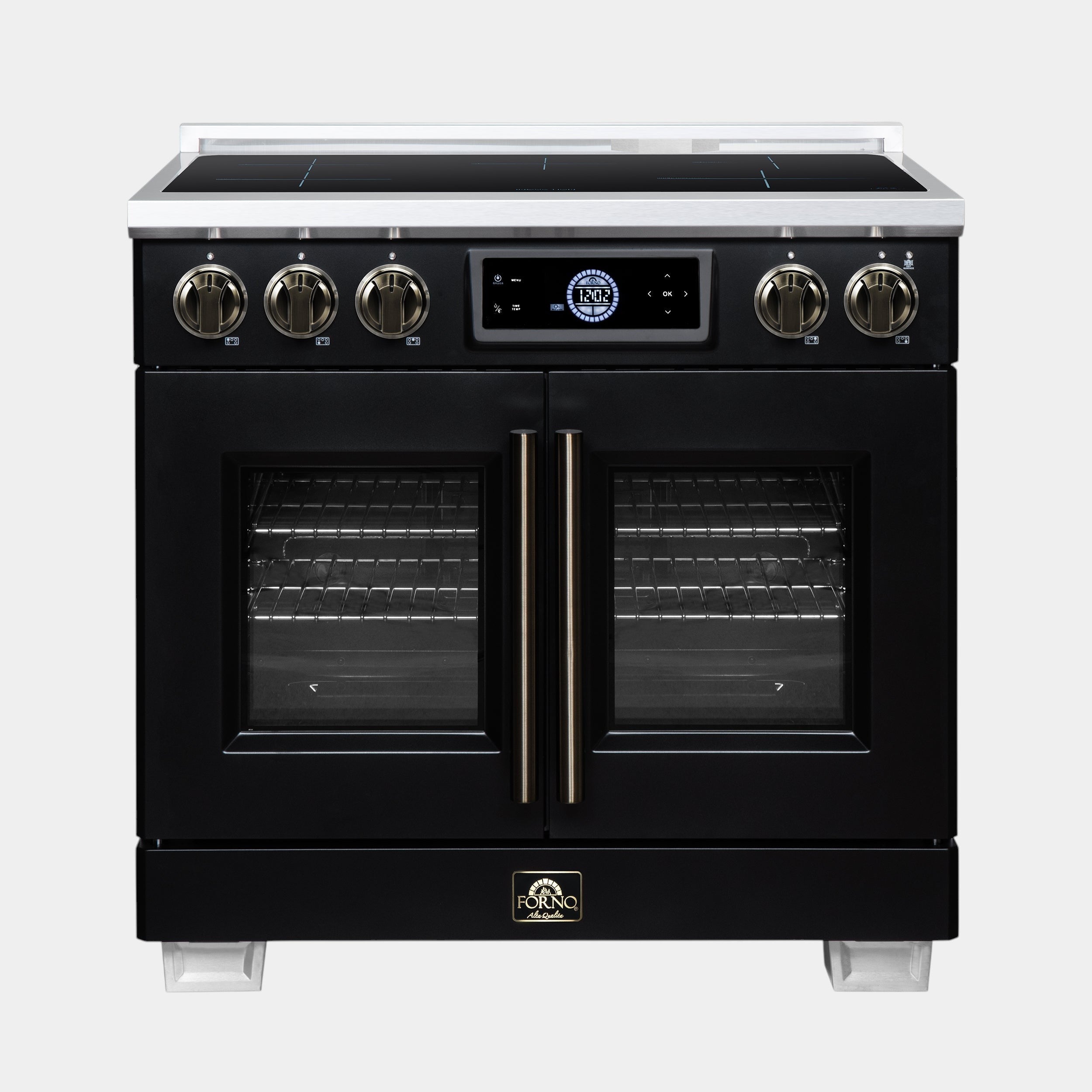 Forno Maximus 36 in. 5.36 cu. ft. Black French Door Induction Range with Air Fry, True Convection, Air Sous Vide and Antique Brass Accents | FFSIN0932-36BLK