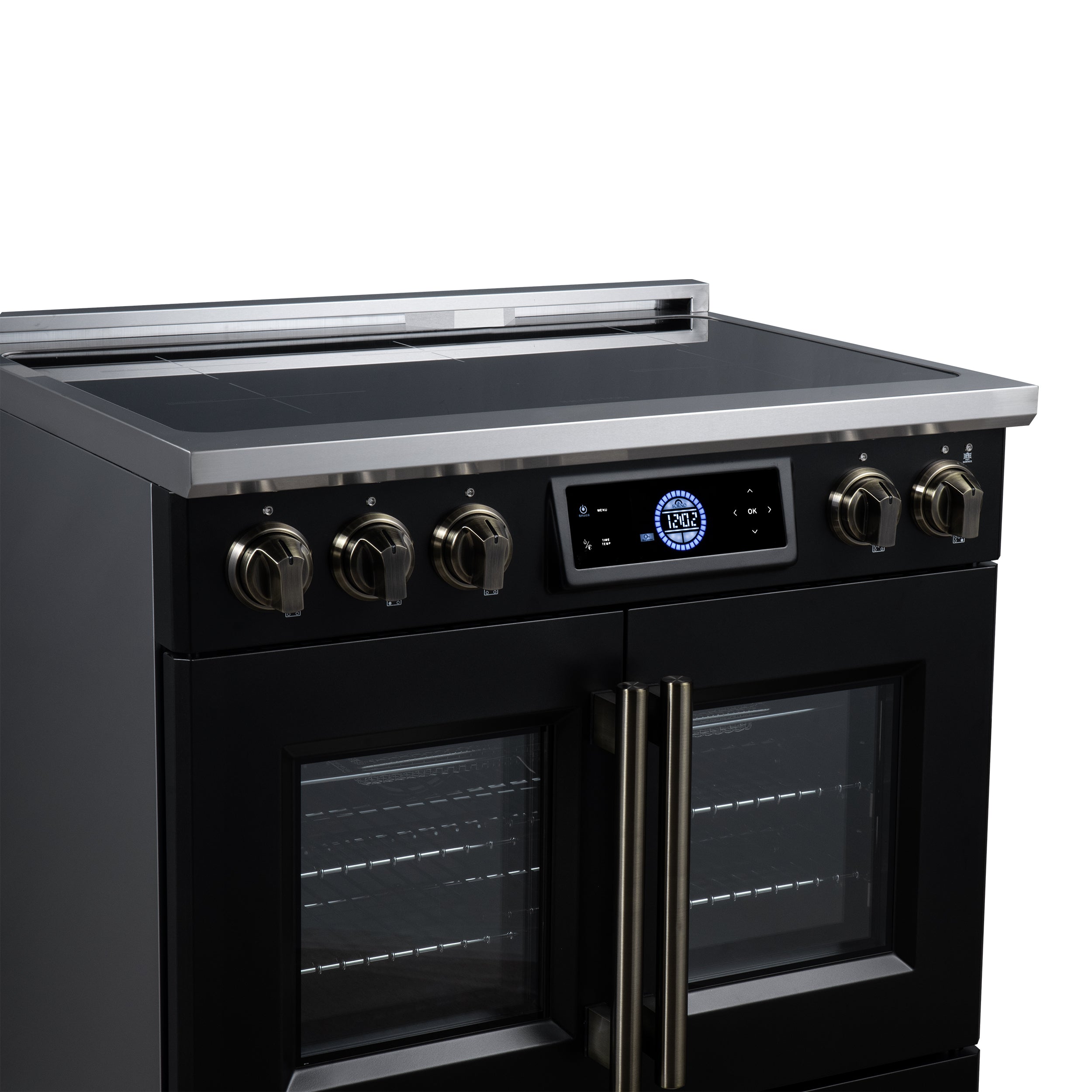 Maximus 36-Inch Induction range, French Door, 5 Cooking Zones, 5.36 cf. Convection Oven, Air Sous Vide, Air Fry Basket, Black