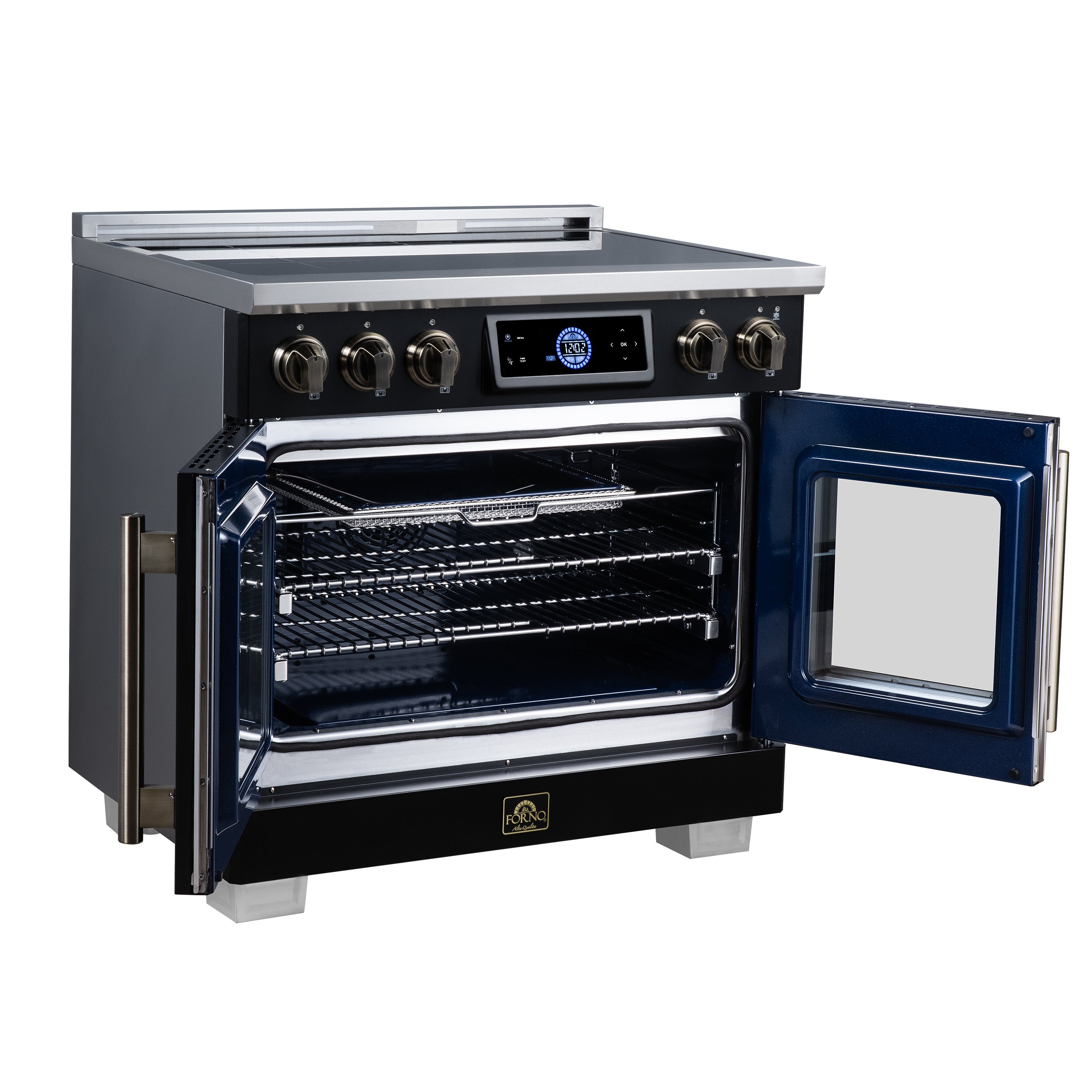 Maximus 36-Inch Induction range, French Door, 5 Cooking Zones, 5.36 cf. Convection Oven, Air Sous Vide, Air Fry Basket, Black