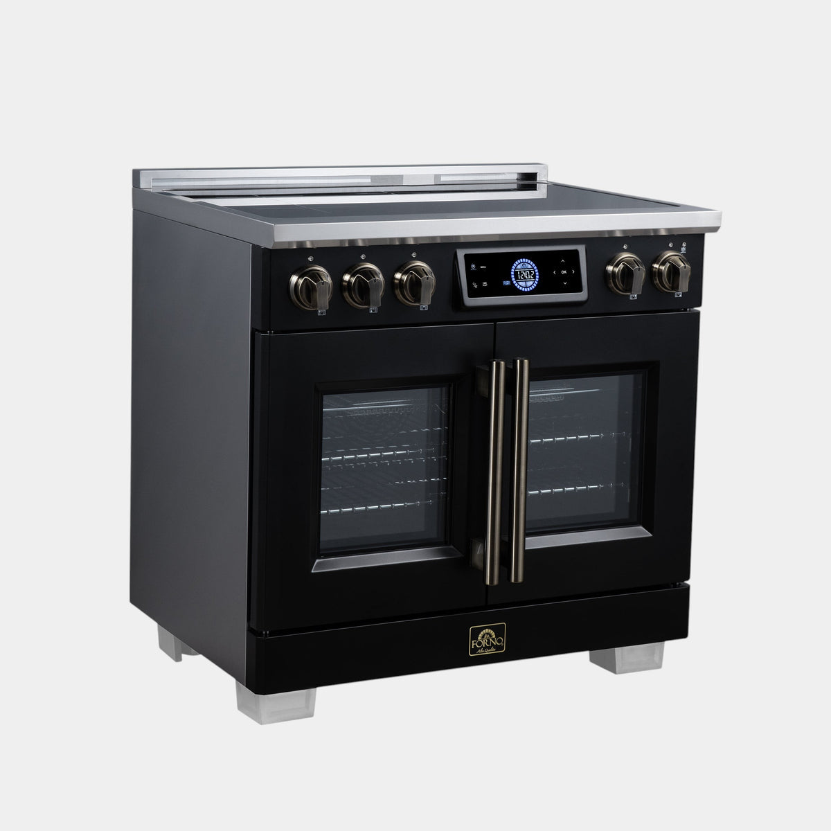 Forno Maximus 36 in. 5.36 cu. ft. Black French Door Induction Range with Air Fry, True Convection, Air Sous Vide and Antique Brass Accents | FFSIN0932-36BLK