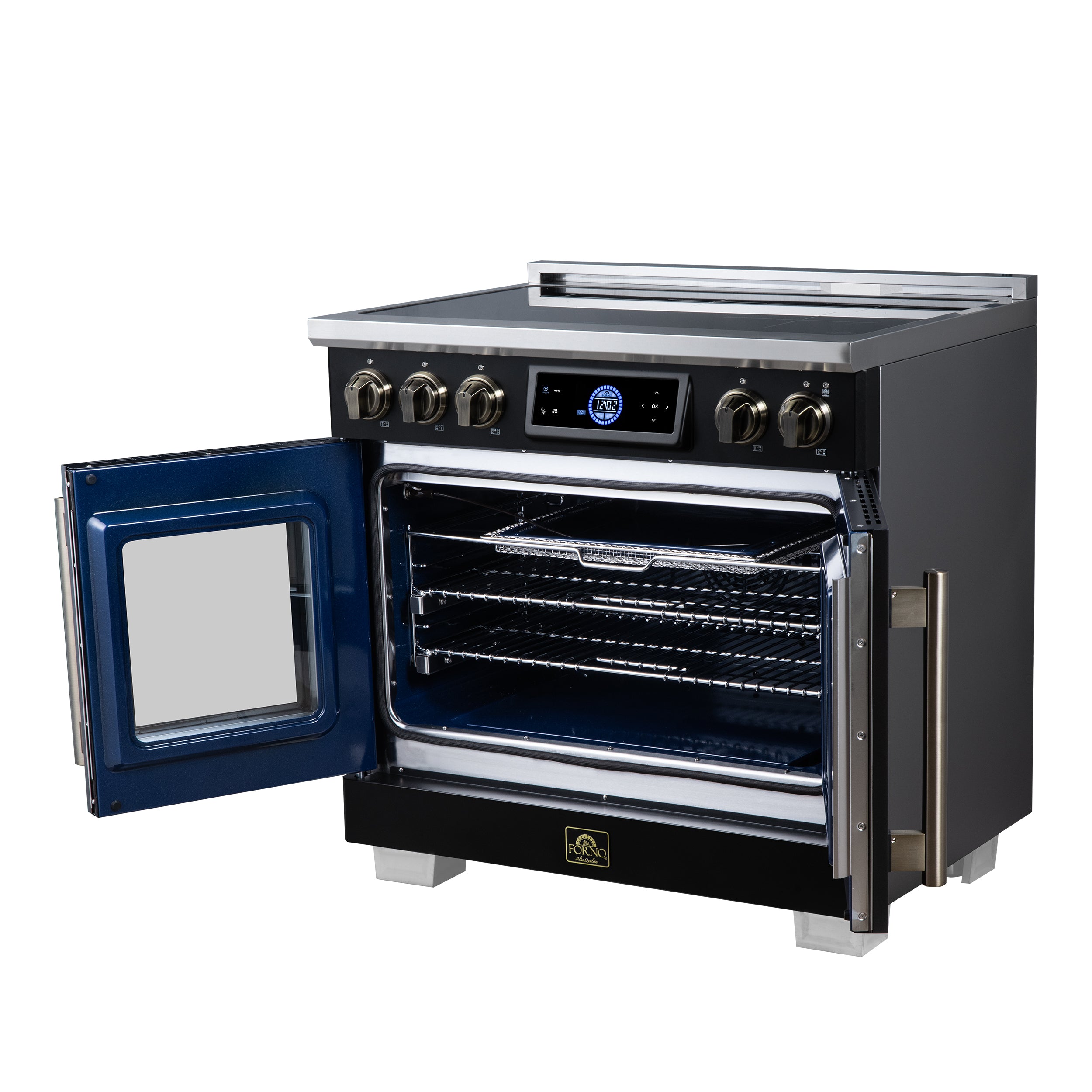 Maximus 36-Inch Induction range, French Door, 5 Cooking Zones, 5.36 cf. Convection Oven, Air Sous Vide, Air Fry Basket, Black