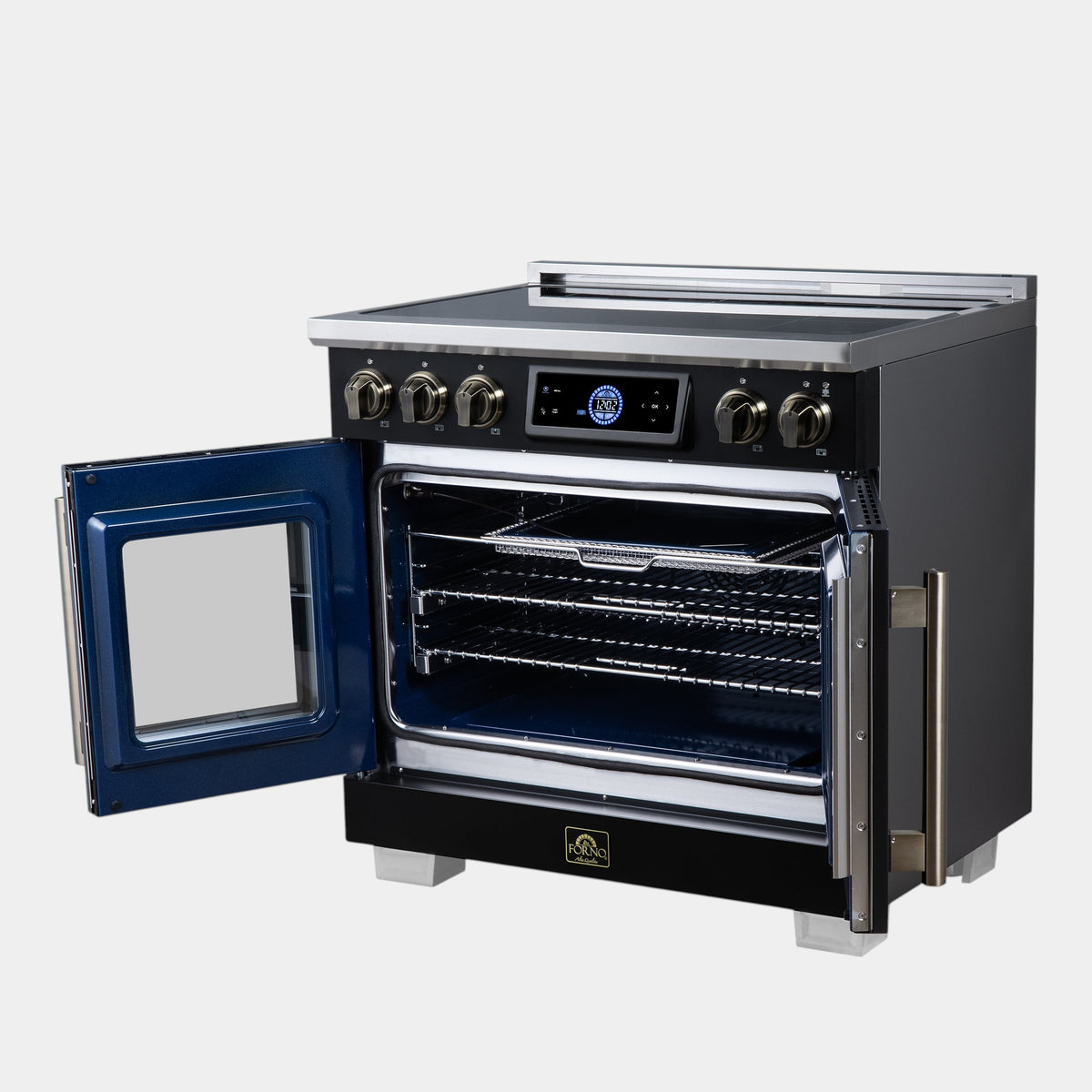 Forno Maximus 36 in. 5.36 cu. ft. Black French Door Induction Range with Air Fry, True Convection, Air Sous Vide and Antique Brass Accents | FFSIN0932-36BLK
