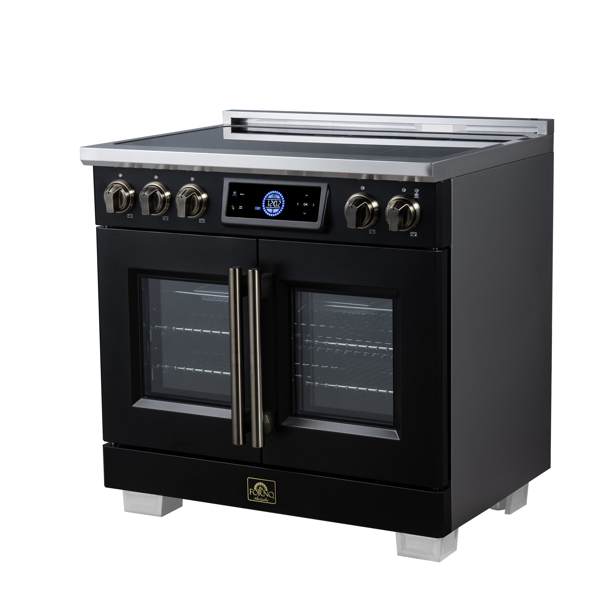 Maximus 36-Inch Induction range, French Door, 5 Cooking Zones, 5.36 cf. Convection Oven, Air Sous Vide, Air Fry Basket, Black