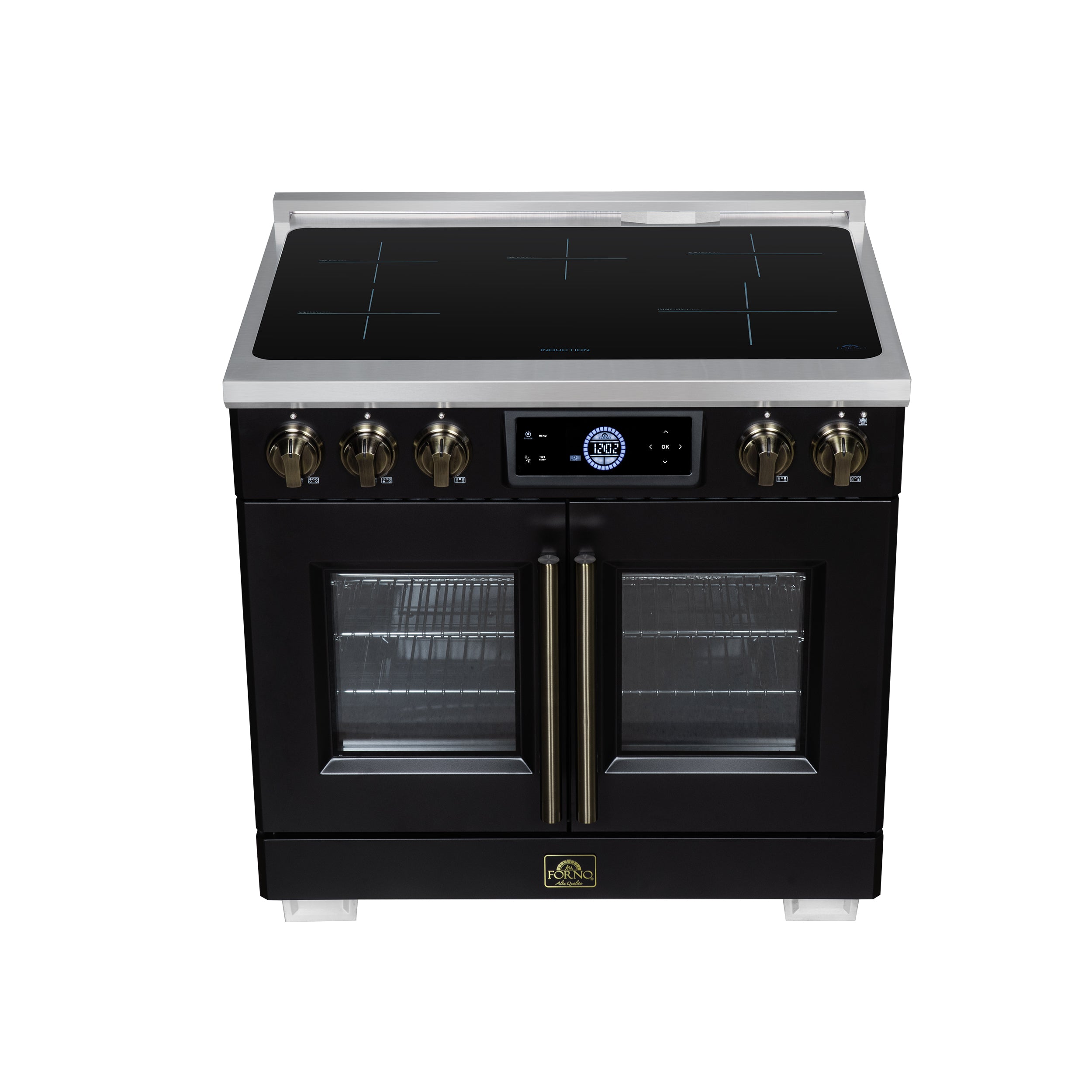 Maximus 36-Inch Induction range, French Door, 5 Cooking Zones, 5.36 cf. Convection Oven, Air Sous Vide, Air Fry Basket, Black