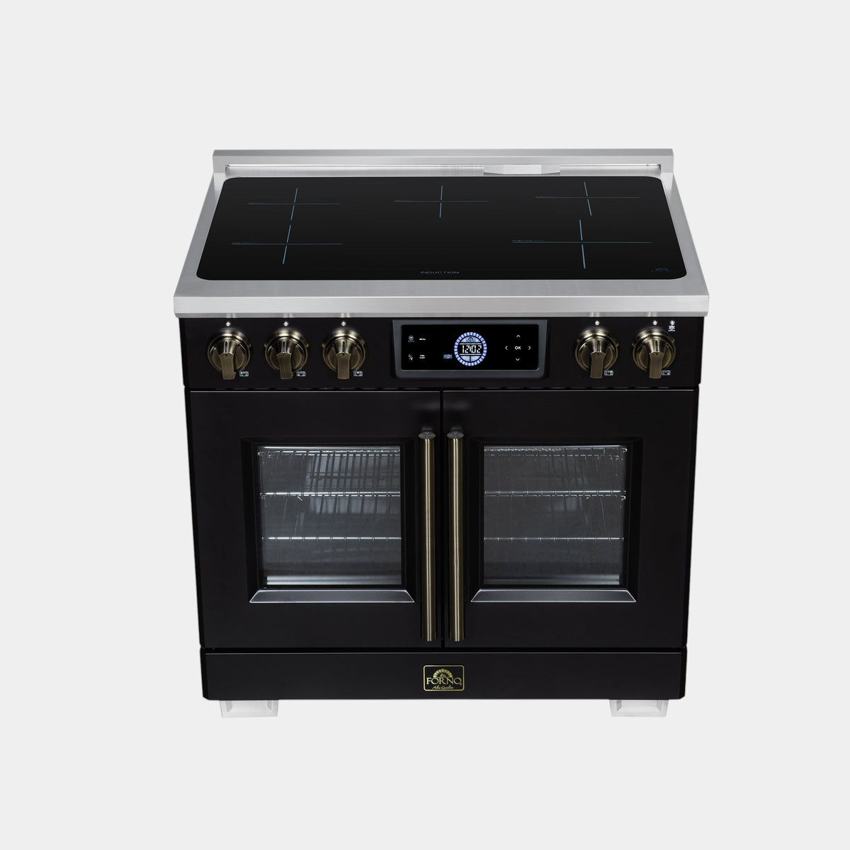 Forno Maximus 36 in. 5.36 cu. ft. Black French Door Induction Range with Air Fry, True Convection, Air Sous Vide and Antique Brass Accents | FFSIN0932-36BLK