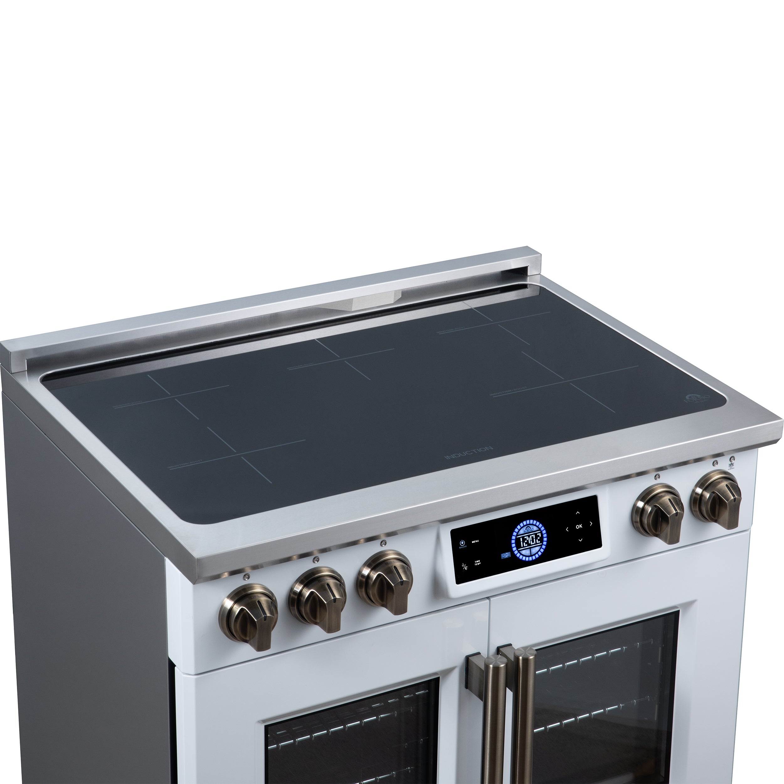 Maximus 36-Inch Induction range, French Door, 5 Cooking Zones, 5.36 cf. Convection Oven, Air Sous Vide, Air Fry Basket, White