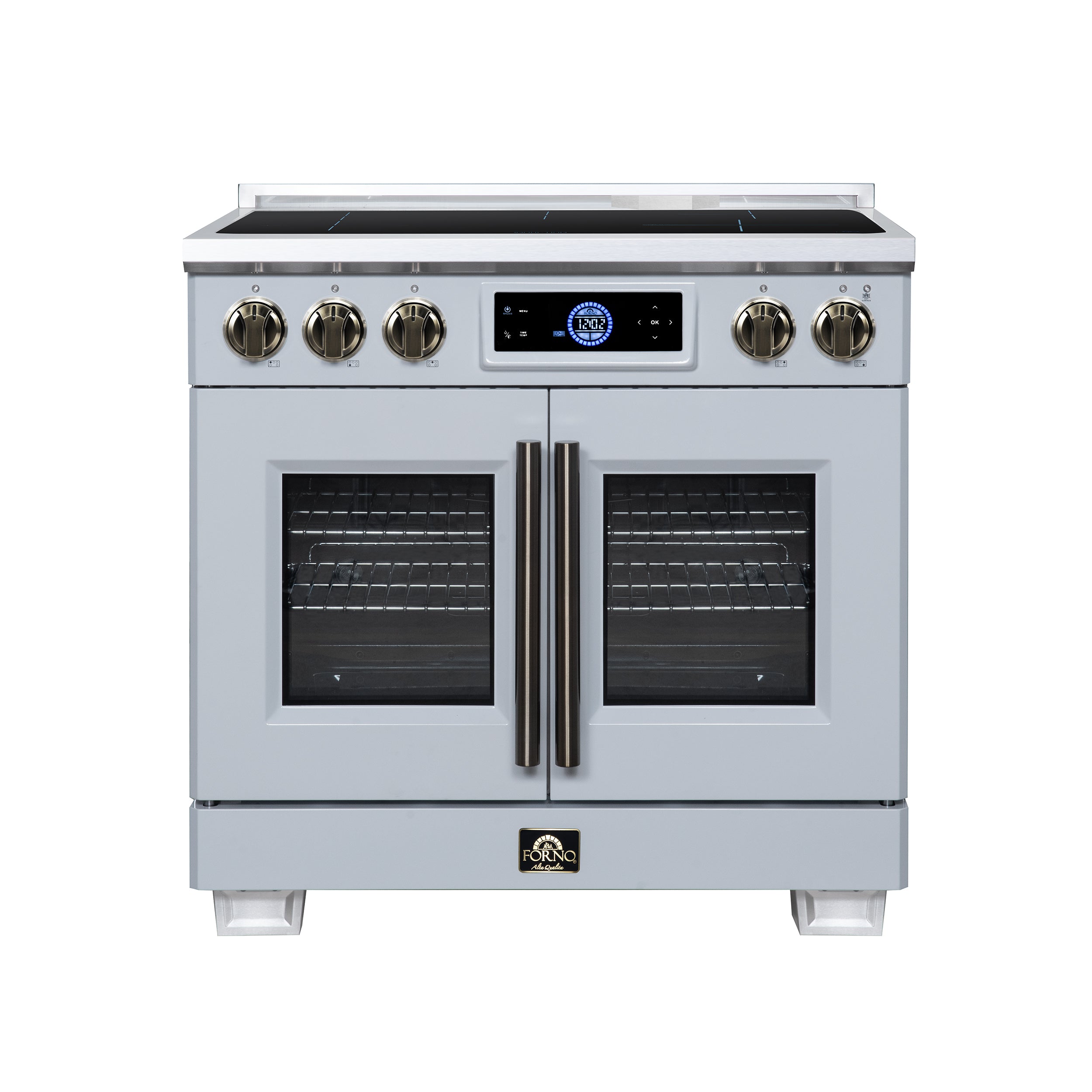 Maximus 36-Inch Induction range, French Door, 5 Cooking Zones, 5.36 cf. Convection Oven, Air Sous Vide, Air Fry Basket, White