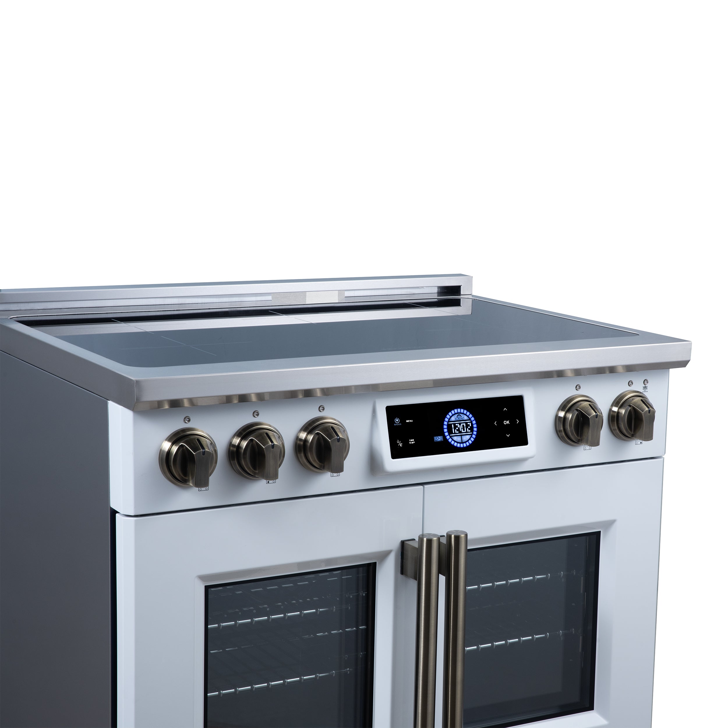 Maximus 36-Inch Induction range, French Door, 5 Cooking Zones, 5.36 cf. Convection Oven, Air Sous Vide, Air Fry Basket, White