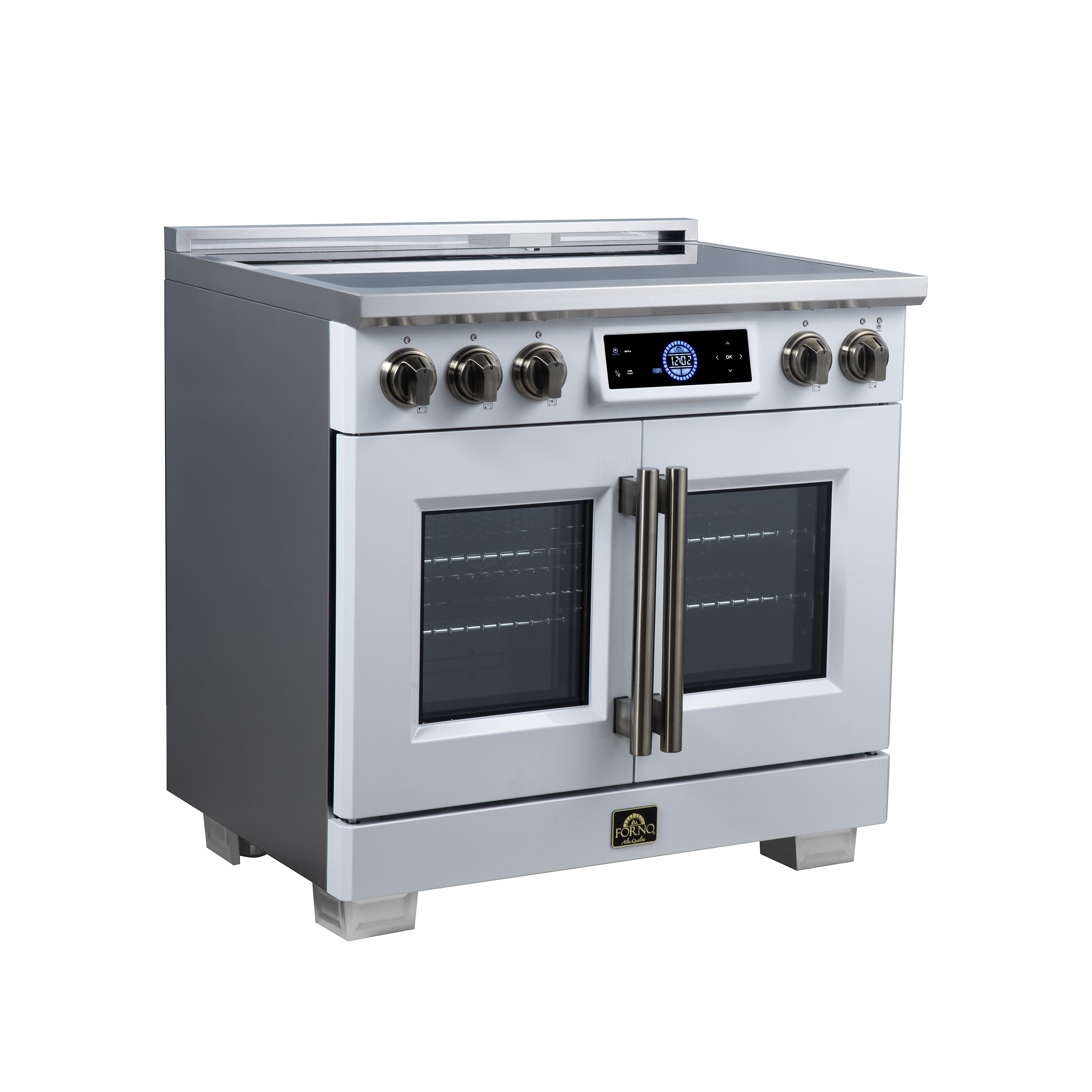 Maximus 36-Inch Induction range, French Door, 5 Cooking Zones, 5.36 cf. Convection Oven, Air Sous Vide, Air Fry Basket, White