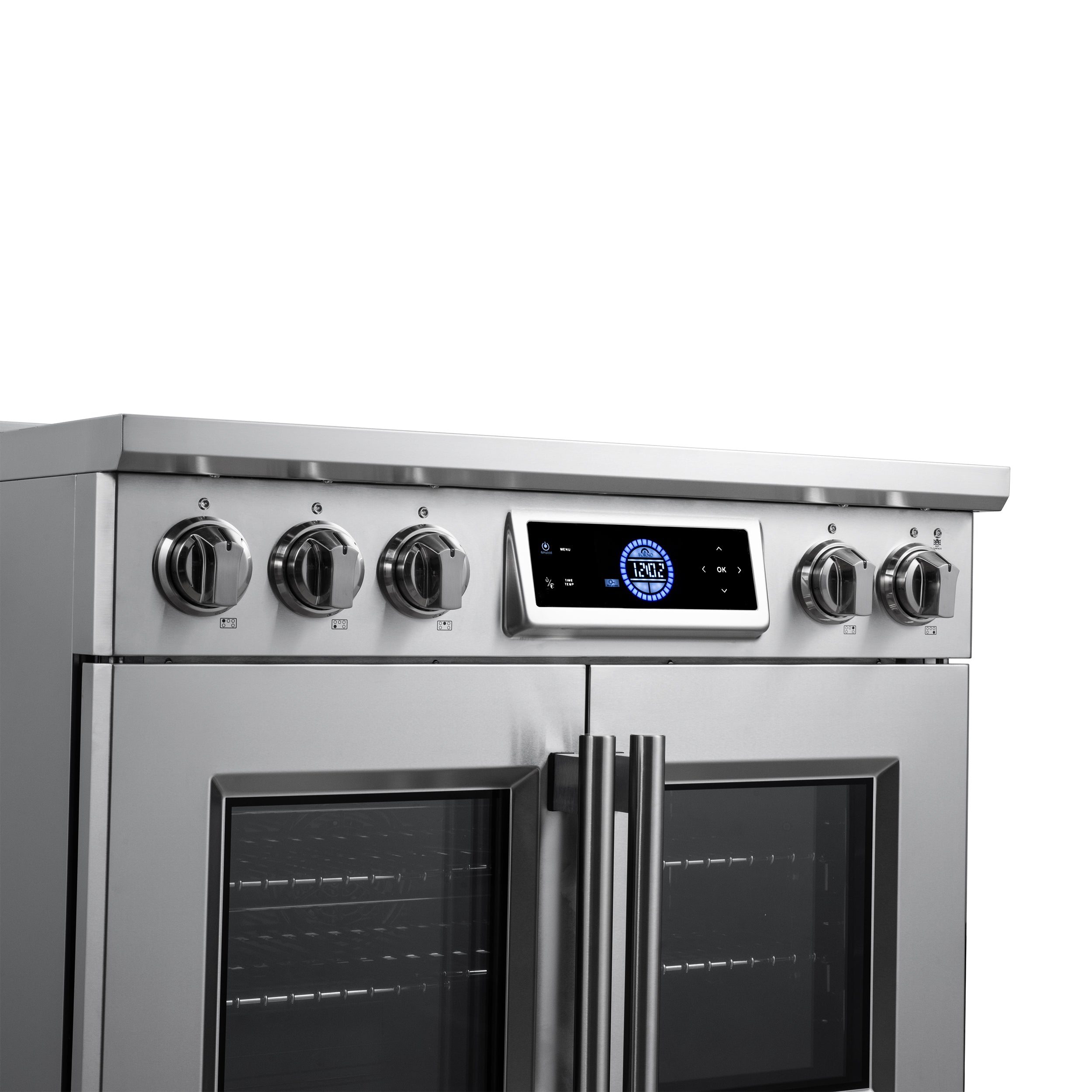 Maximus 36-Inch Induction range, French Door, 5 Cooking Zones, 5.36 cf. Convection Oven, Air Sous Vide, Air Fry Basket, Stainless Steel
