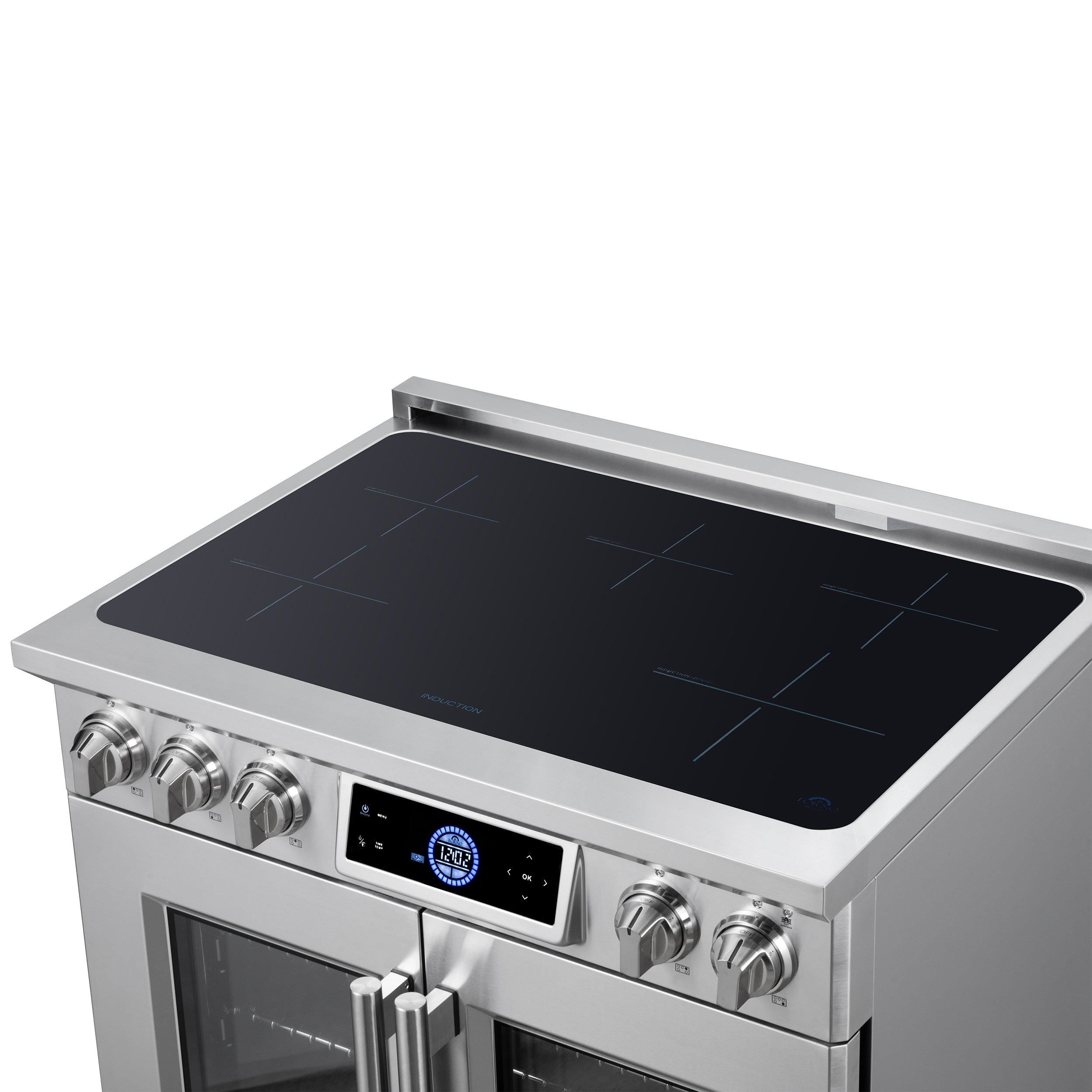 Maximus 36-Inch Induction range, French Door, 5 Cooking Zones, 5.36 cf. Convection Oven, Air Sous Vide, Air Fry Basket, Stainless Steel