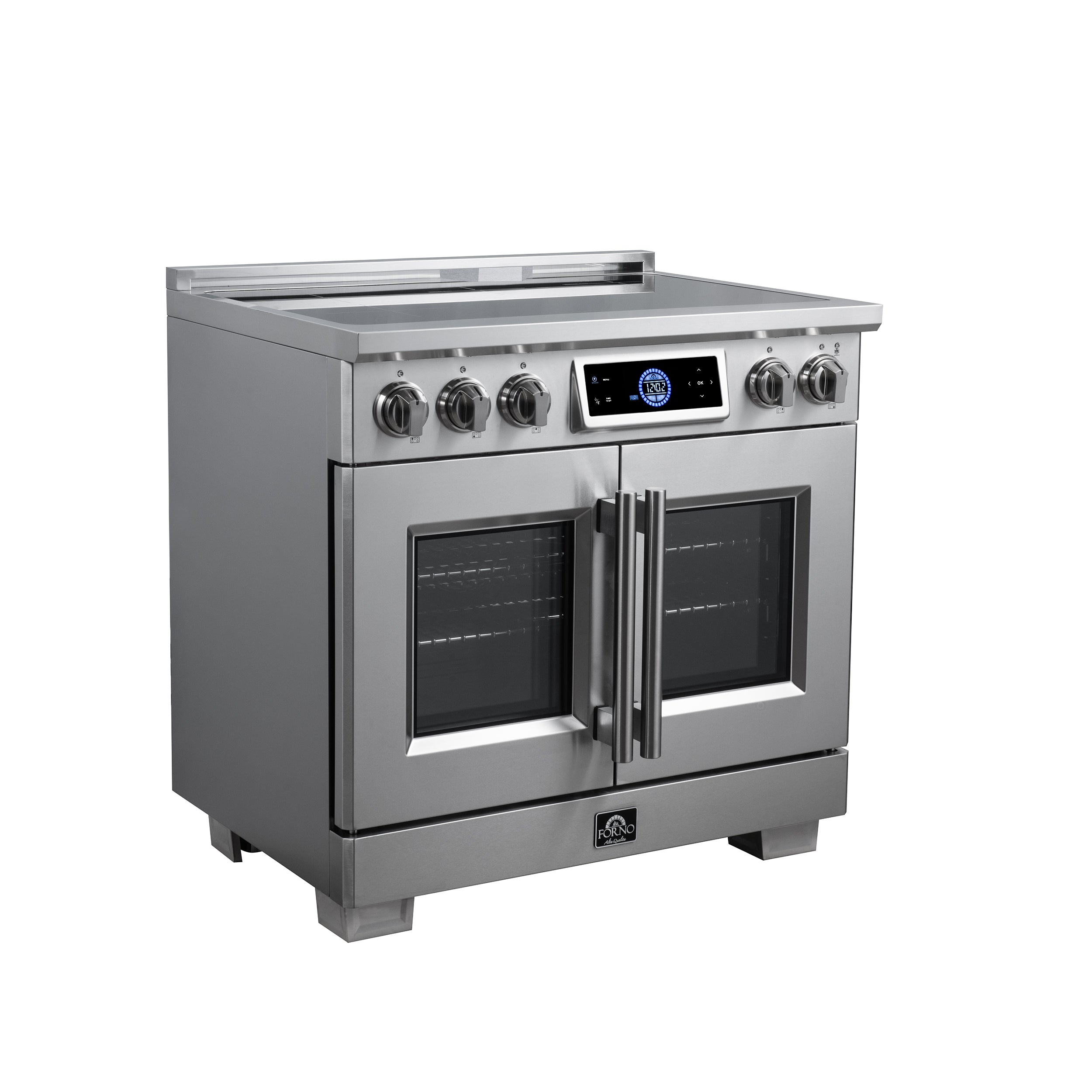 Maximus 36-Inch Induction range, French Door, 5 Cooking Zones, 5.36 cf. Convection Oven, Air Sous Vide, Air Fry Basket, Stainless Steel