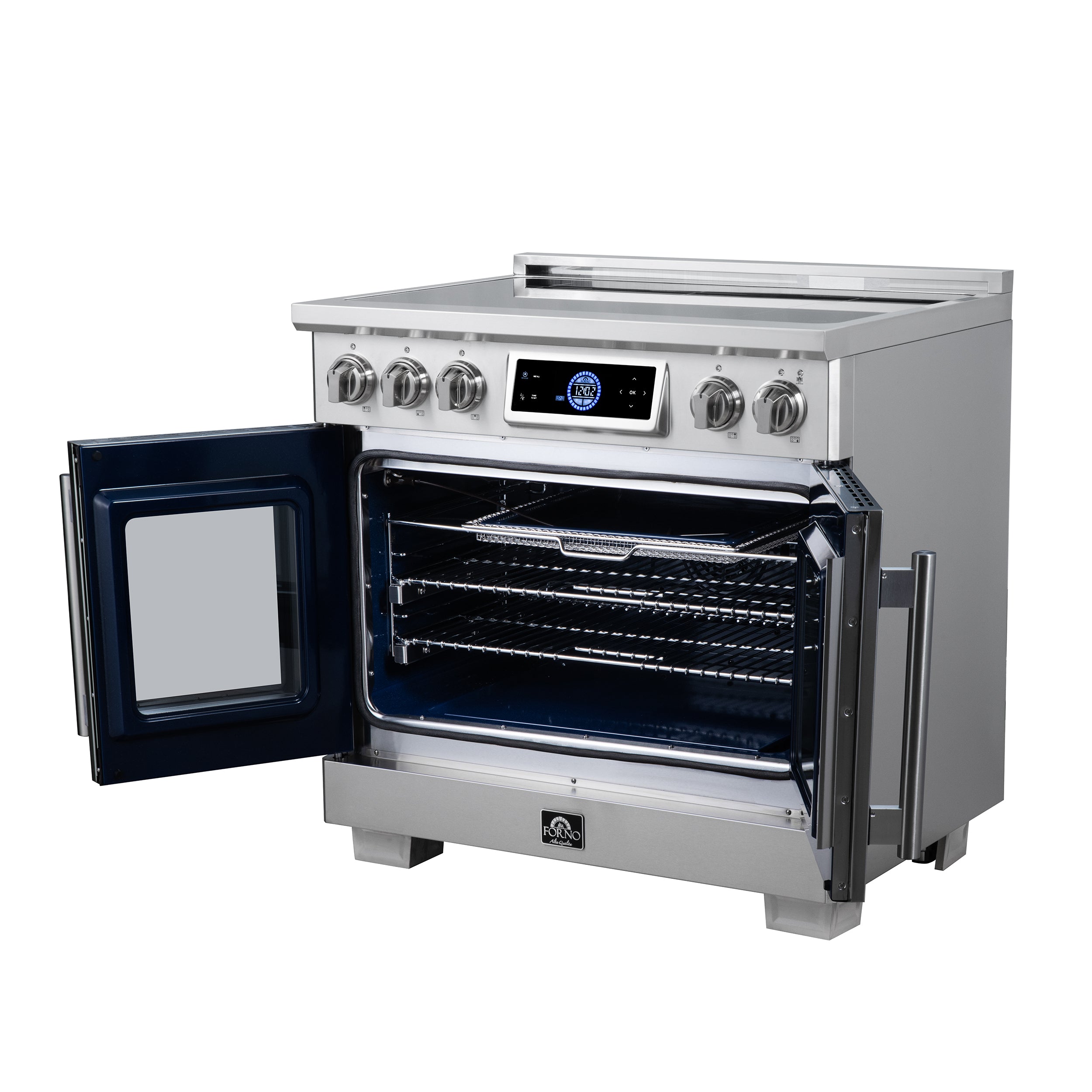 Maximus 36-Inch Induction range, French Door, 5 Cooking Zones, 5.36 cf. Convection Oven, Air Sous Vide, Air Fry Basket, Stainless Steel