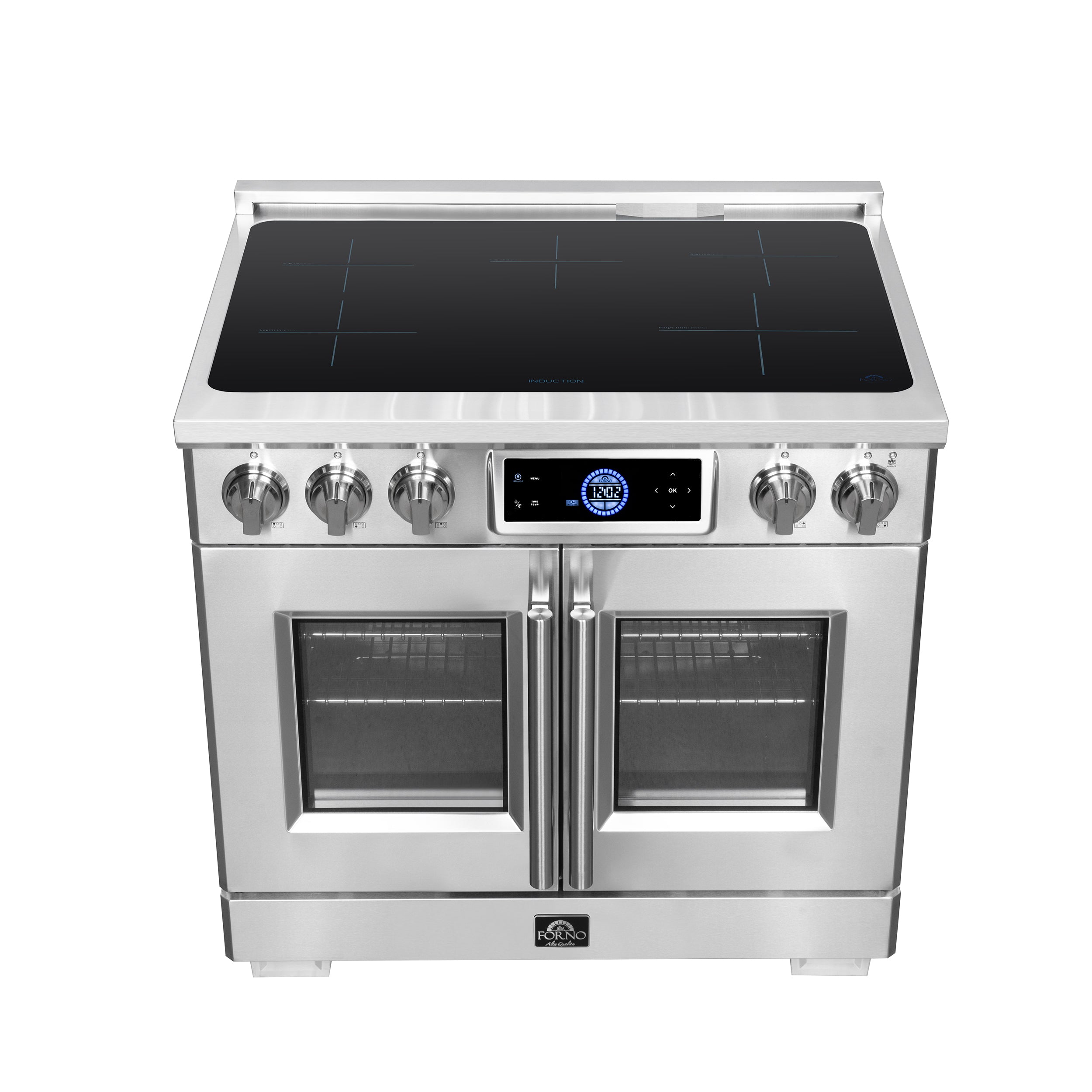 Maximus 36-Inch Induction range, French Door, 5 Cooking Zones, 5.36 cf. Convection Oven, Air Sous Vide, Air Fry Basket, Stainless Steel