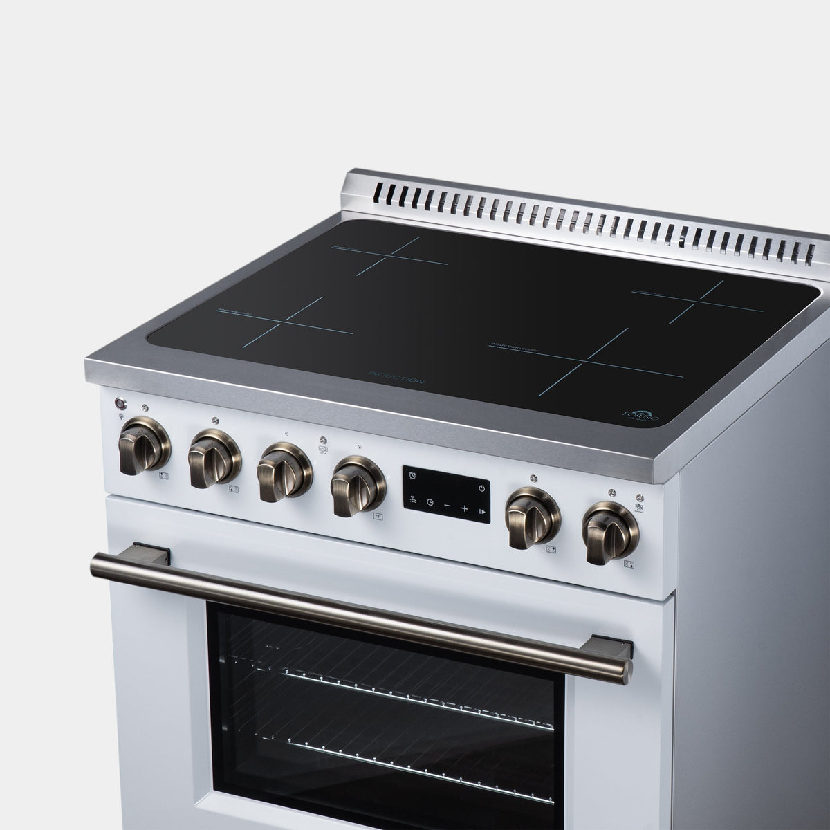 Forno Torino 30 in. 4.32 cu. ft. White French Door Induction Range with Air Fry, Air Sous Vide and Antique Brass Accents | FFSIN0936-30WHT