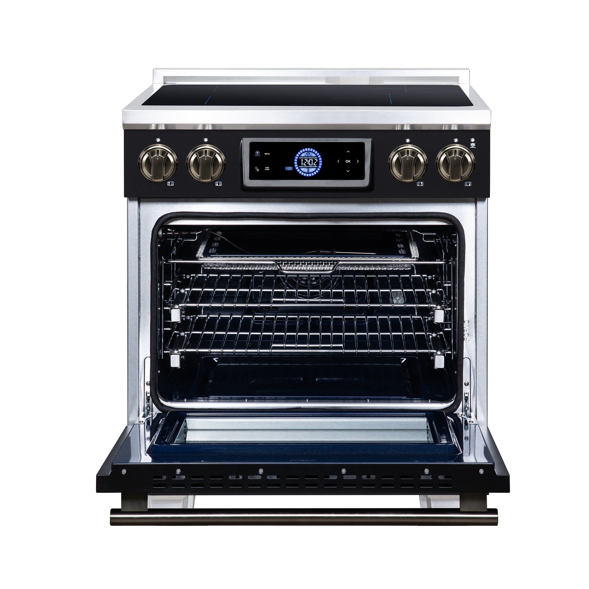 Maximus 30 Inch Induction Range, 8,800 Total Cooktop, 4.32 cf. True Convection Oven, Air Fryer, Air Sous Vide, Black