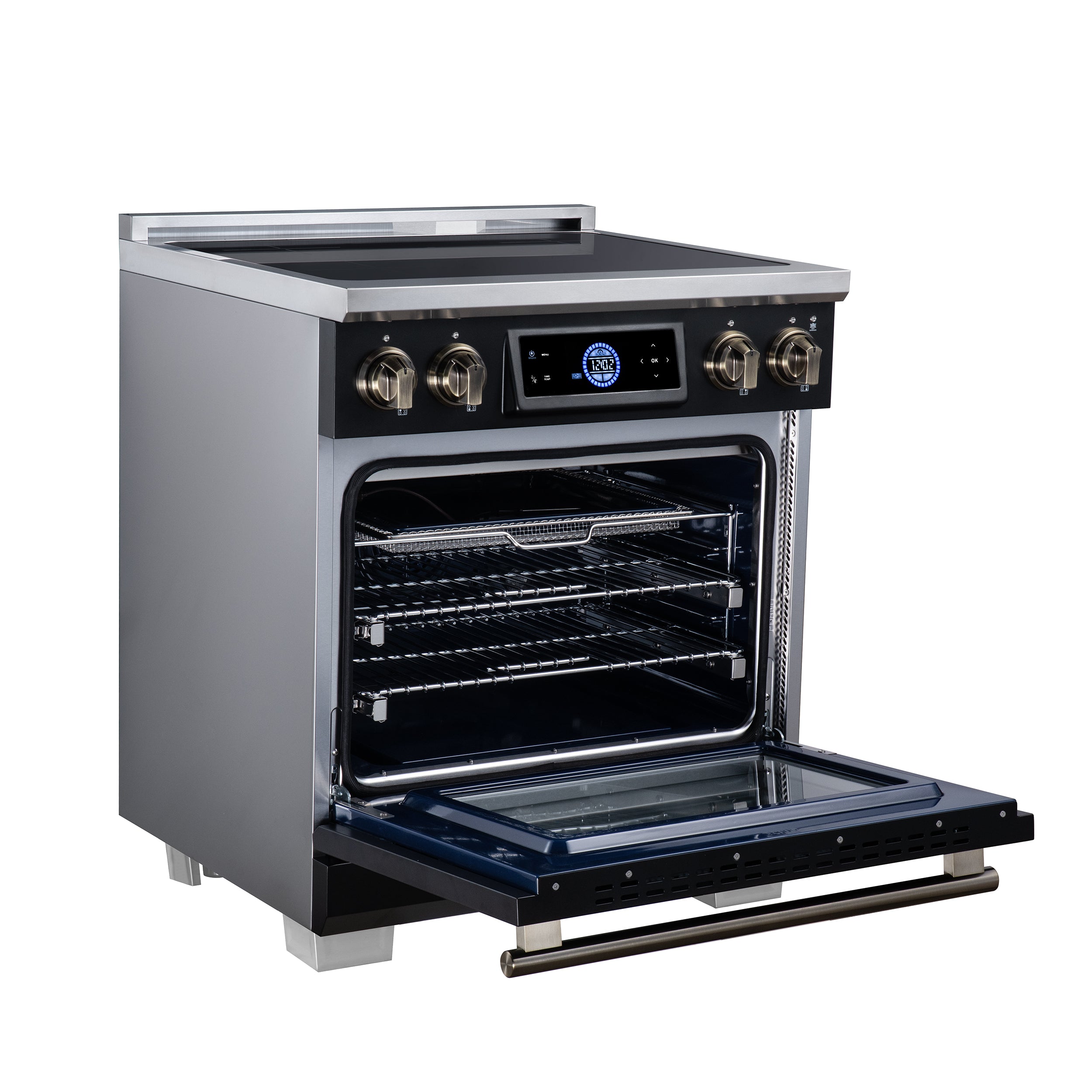 Maximus 30 Inch Induction Range, 8,800 Total Cooktop, 4.32 cf. True Convection Oven, Air Fryer, Air Sous Vide, Black