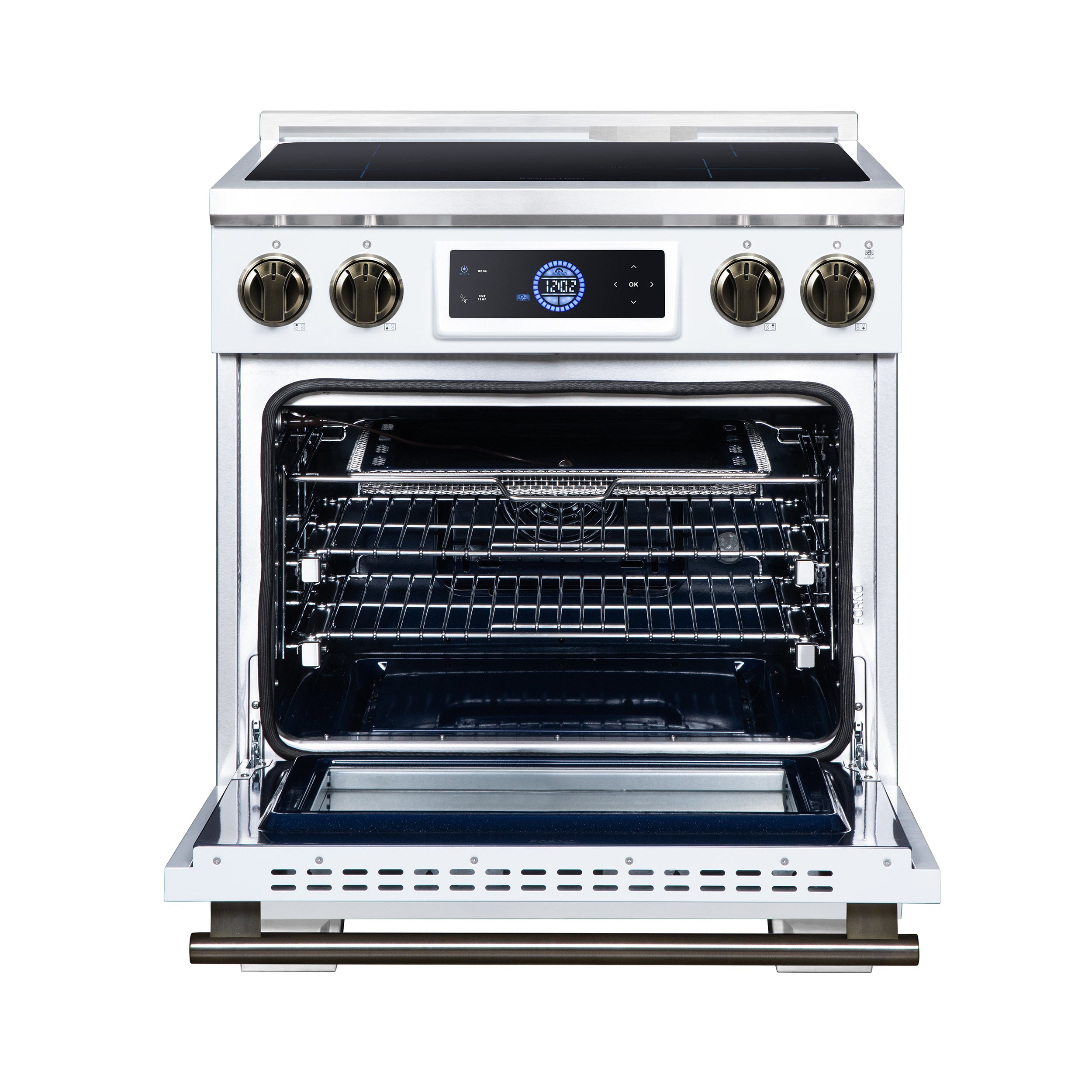 Maximus 30 Inch Induction Range, 8,800 Total Cooktop, 4.32 cf. True Convection Oven, Air Fryer, Air Sous Vide, White