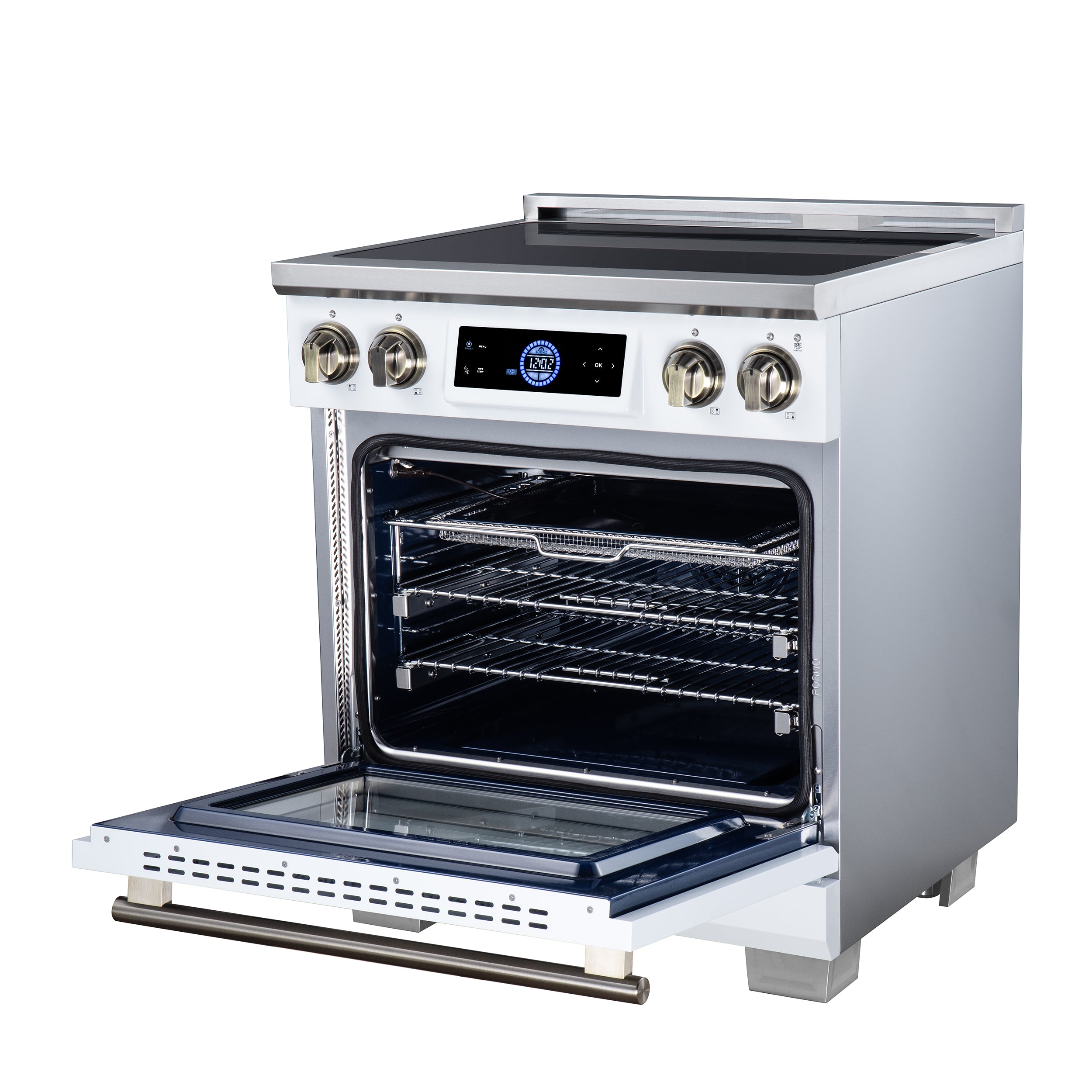 Maximus 30 Inch Induction Range, 8,800 Total Cooktop, 4.32 cf. True Convection Oven, Air Fryer, Air Sous Vide, White