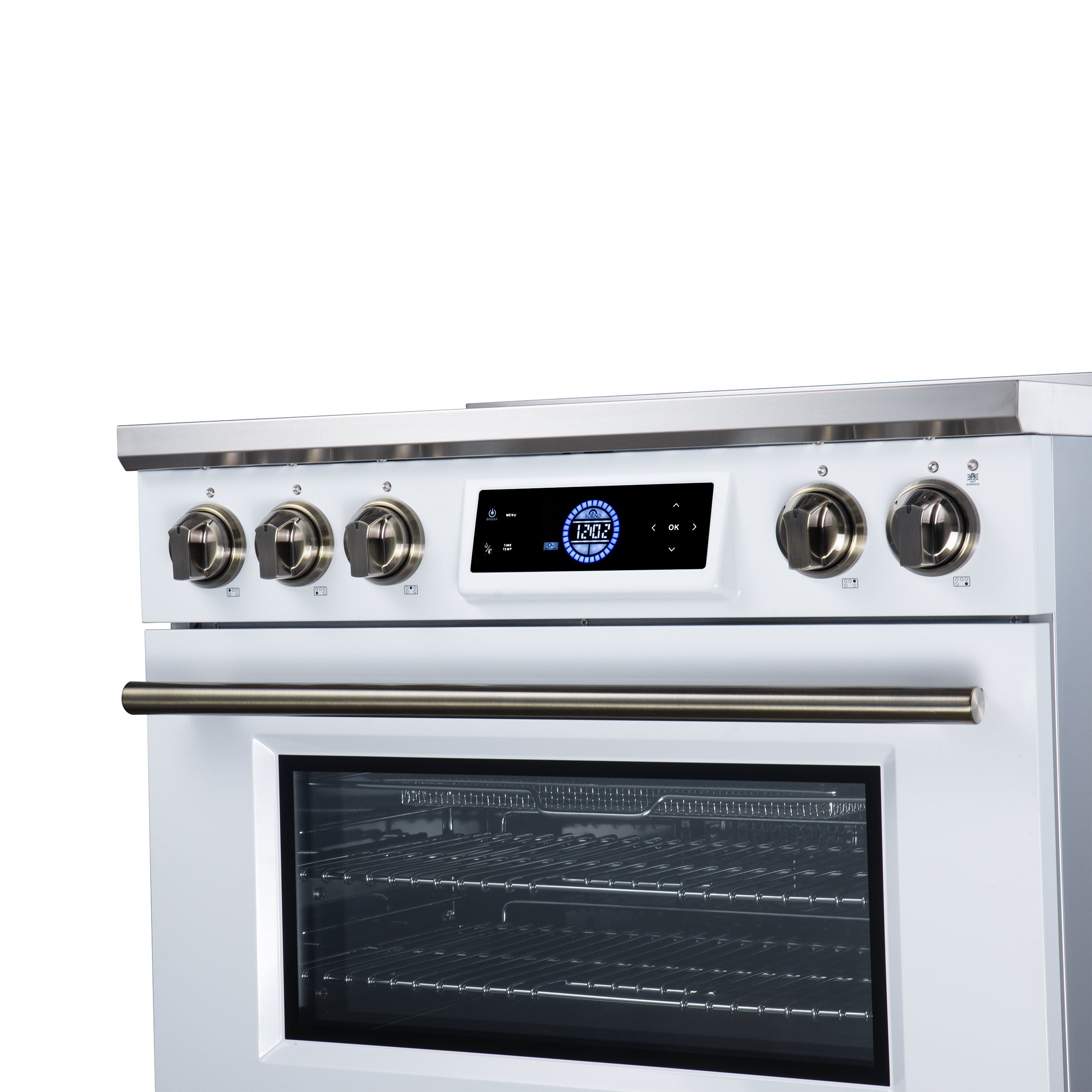 Maximus 36 Inch Induction Range, 10,900 Total Cooktop, 5.36 cf. True Convection Oven, Air Fryer, Air Sous Vide, White
