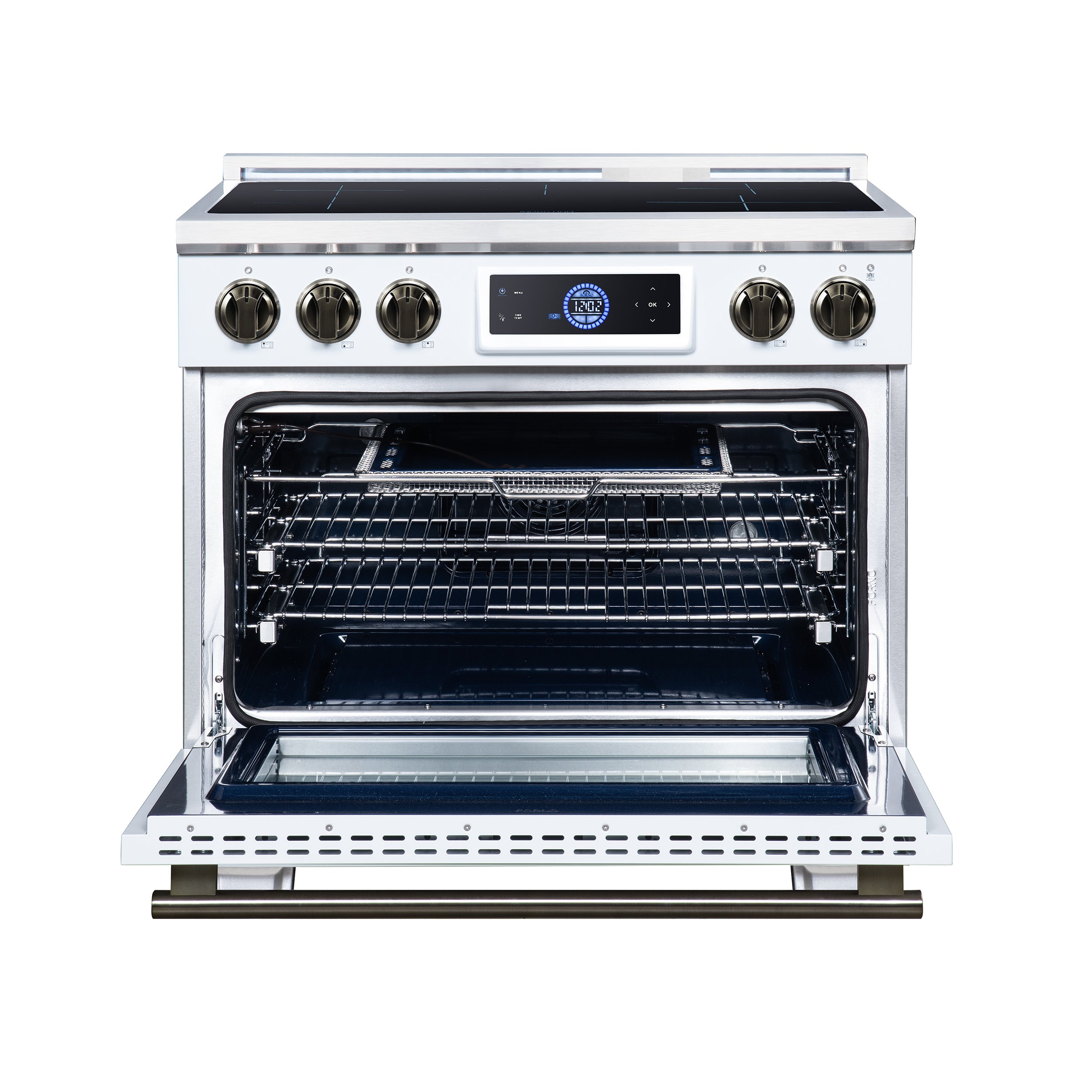 Maximus 36 Inch Induction Range, 10,900 Total Cooktop, 5.36 cf. True Convection Oven, Air Fryer, Air Sous Vide, White