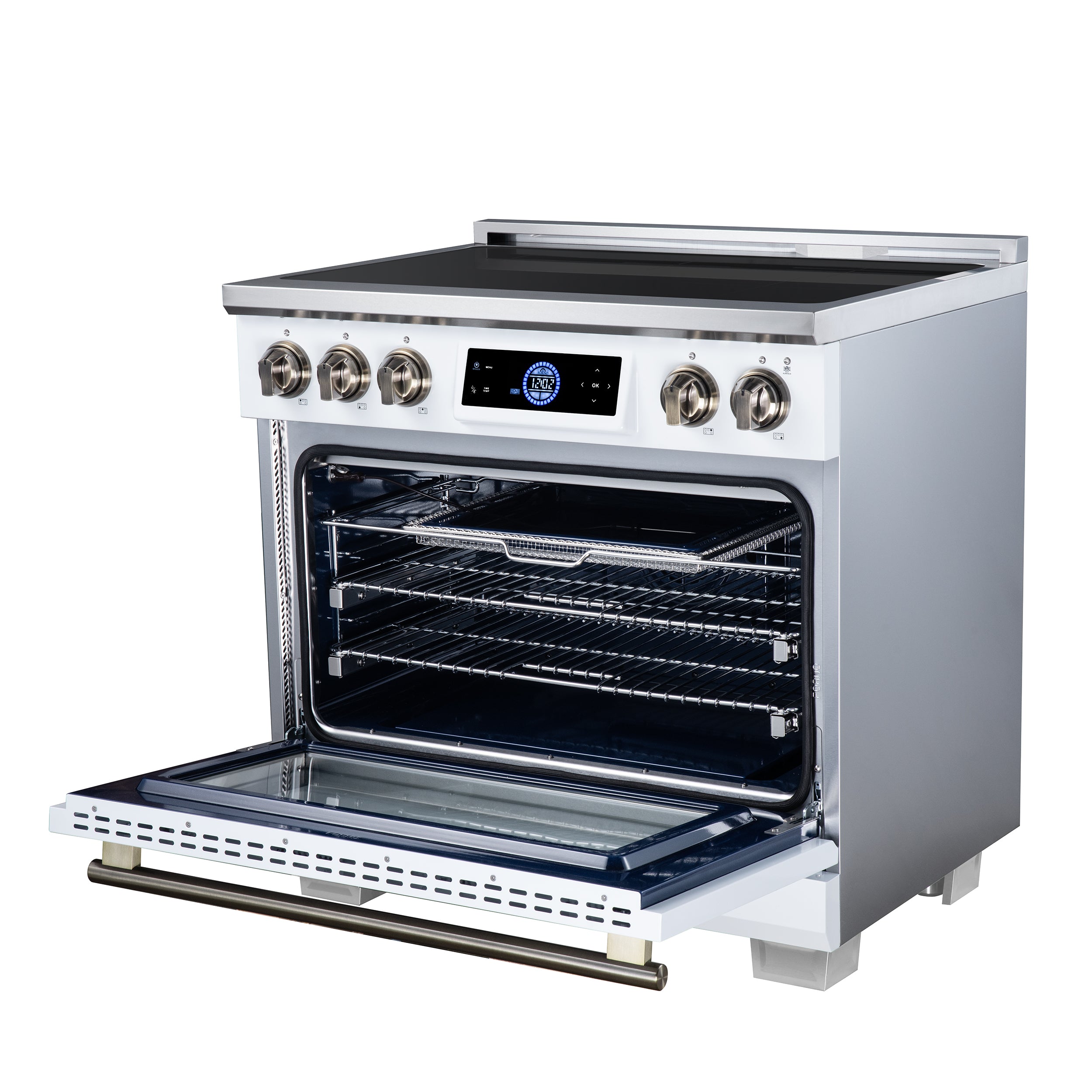 Maximus 36 Inch Induction Range, 10,900 Total Cooktop, 5.36 cf. True Convection Oven, Air Fryer, Air Sous Vide, White