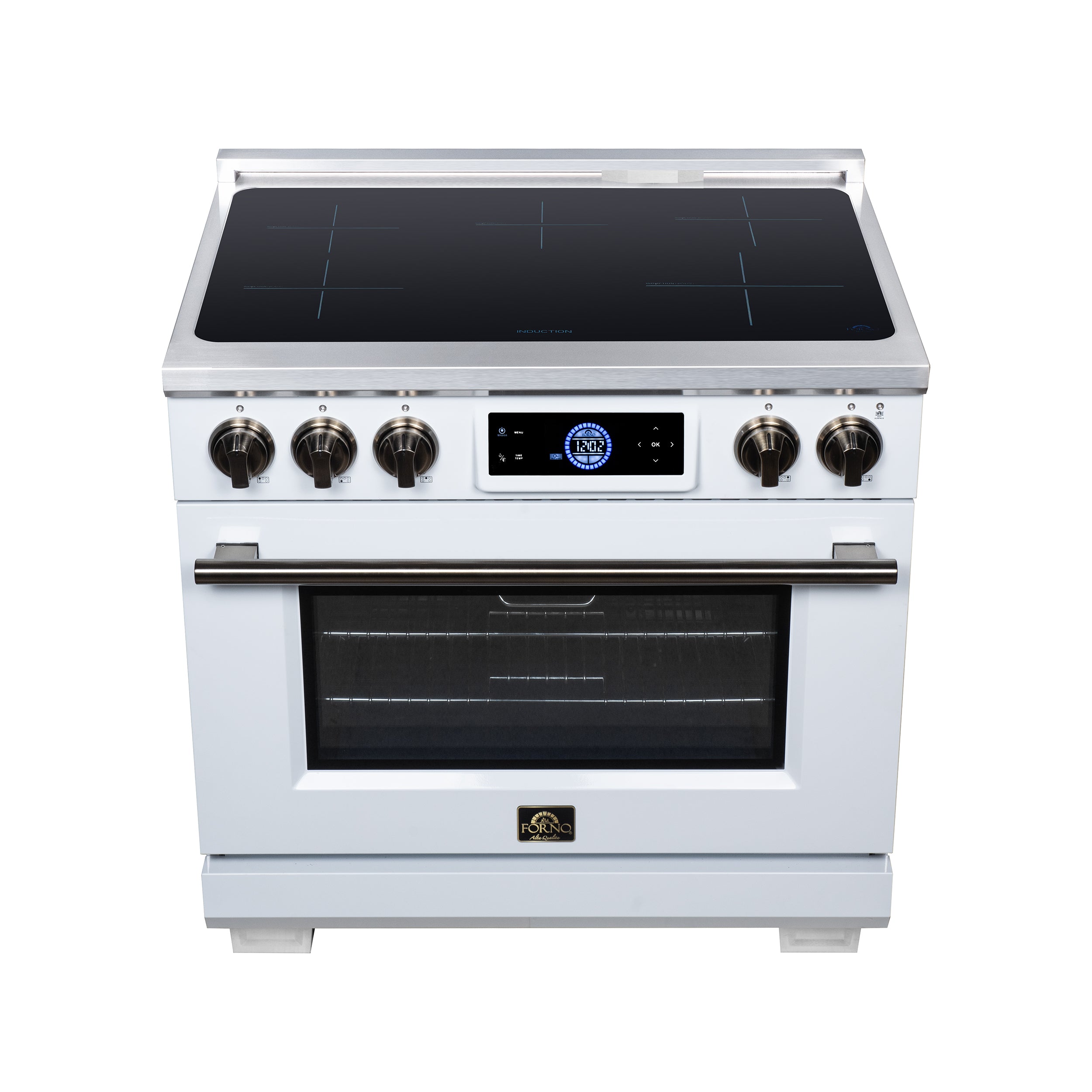 Maximus 36 Inch Induction Range, 10,900 Total Cooktop, 5.36 cf. True Convection Oven, Air Fryer, Air Sous Vide, White
