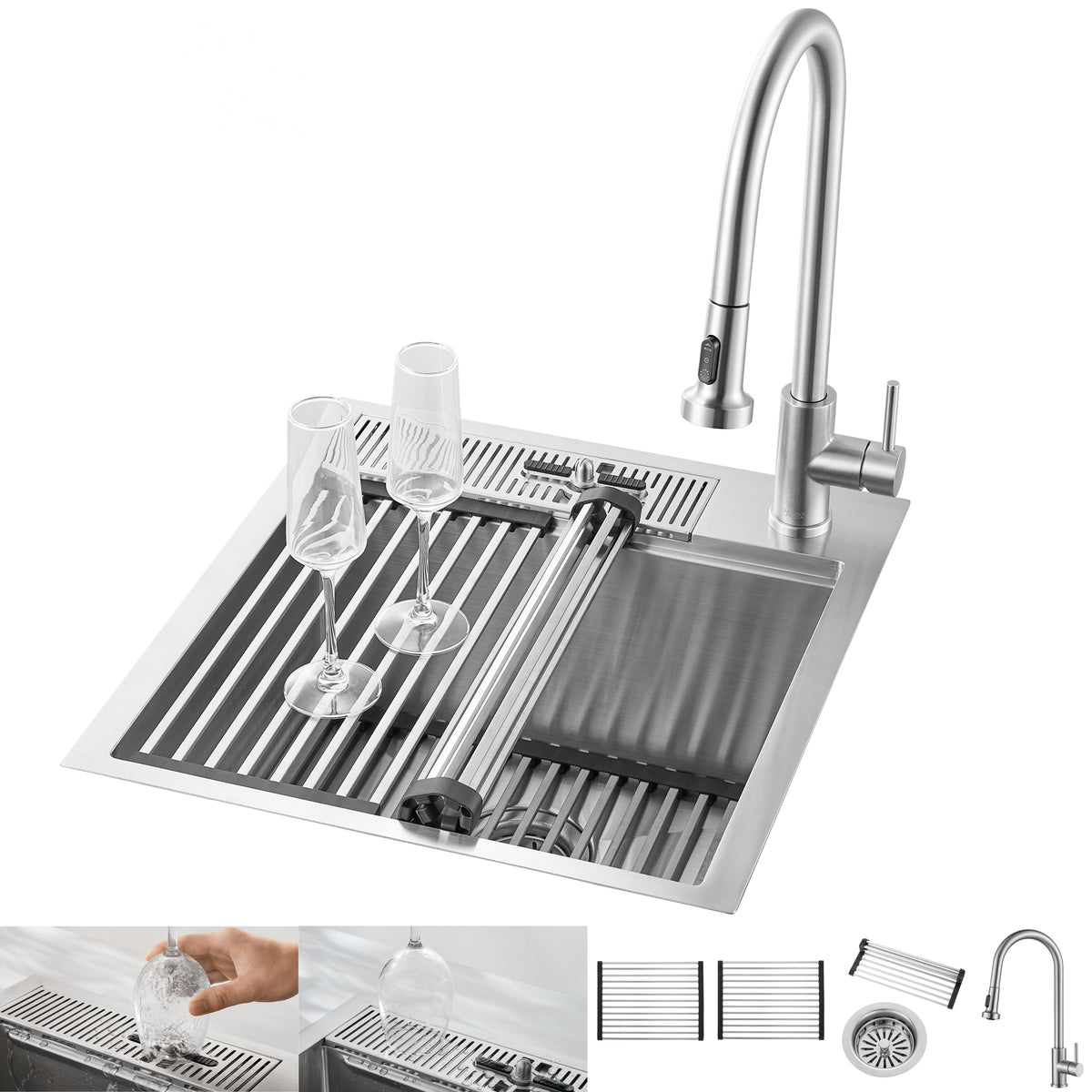 FORNO ACQUA L20" X W22" X D10" 18ga Stainless Steel 304 2-Level MultiSINK Kit with Glass Rinser, 3 Function Stainless Steel Pull-Down Kitchen Faucet, 3 Roll-Up Grids and 1 Strainer