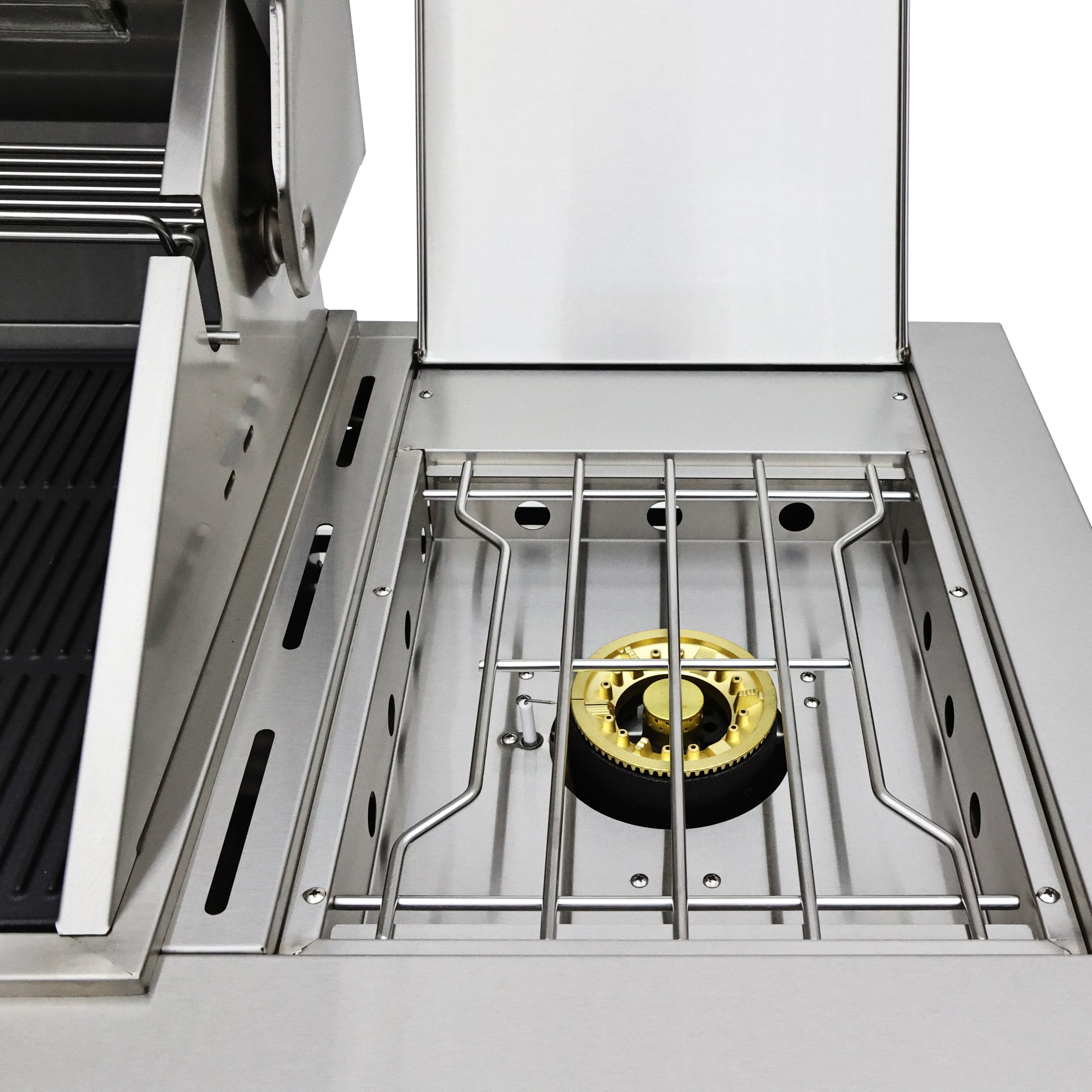 FORNO Bulnes 40-Inch BBQ, 95,000 BTU, 5 Burners, Sear & Rotisserie Infrared with Side Burner, Stainless Steel Outdoor Kitchen with 1.8 cu.ft. Beverage Center & White Sintered Stone Countertops