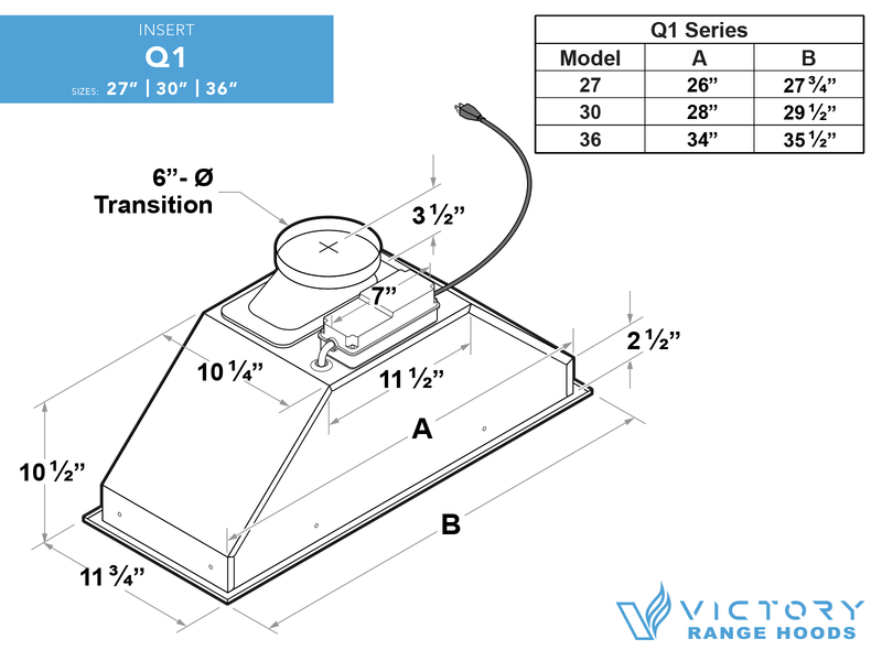 VICTORY Q1 36 in. 600 CFM Stainless Steel Insert Range Hood | Q1-36