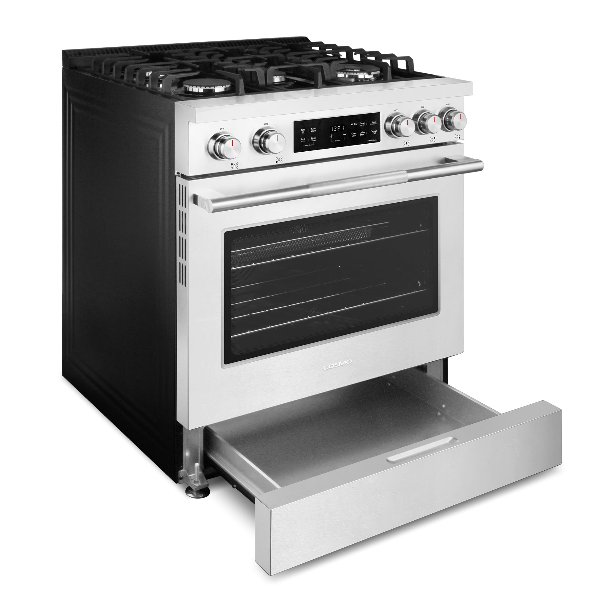 Cosmo Stellar 30 in. 4.8 cu. ft. 5-Burner Stainless Steel Gas Range with Air Fry, and Storage Drawer | COS-RGS305SS