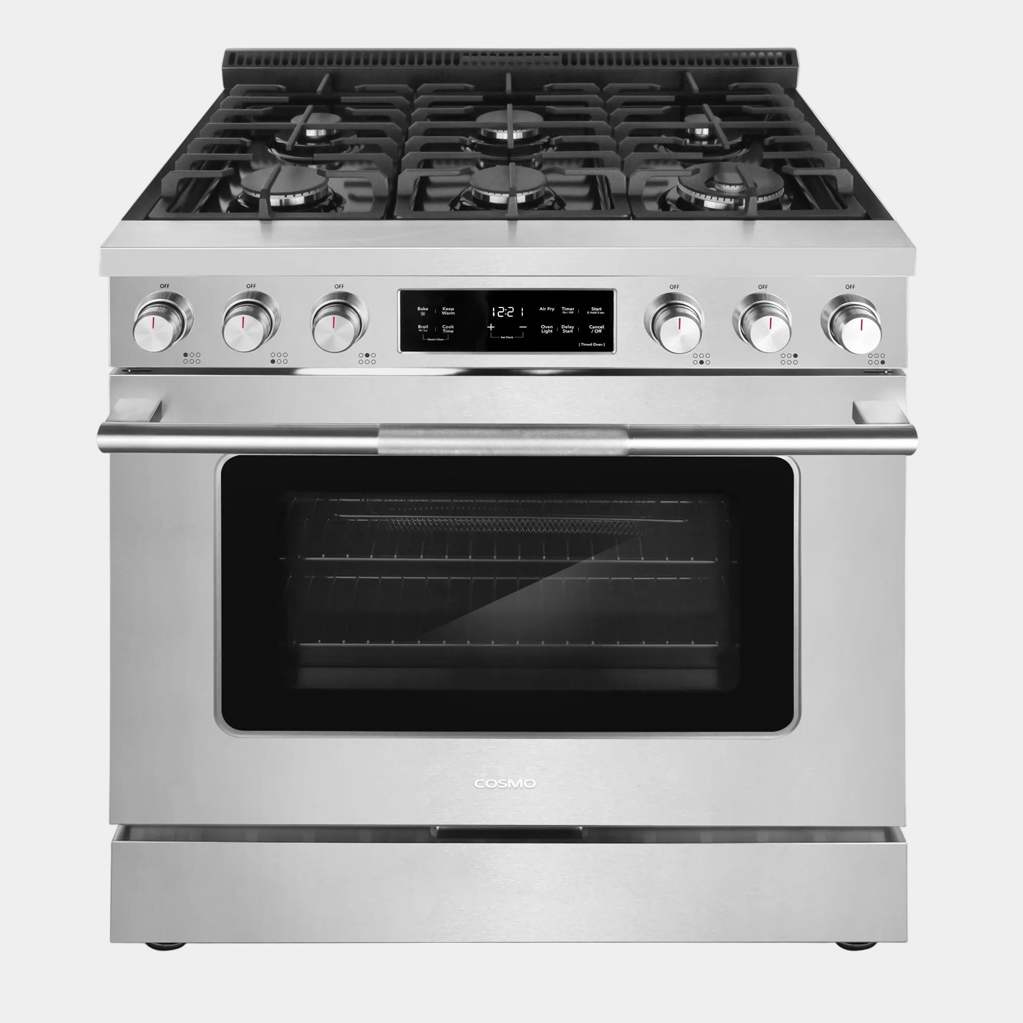 Cosmo Stellar 36 in. 6.1 cu. ft. 6-Burner Stainless Steel Gas Range with Air Fry and Storage Drawer | COS-RGS366SS