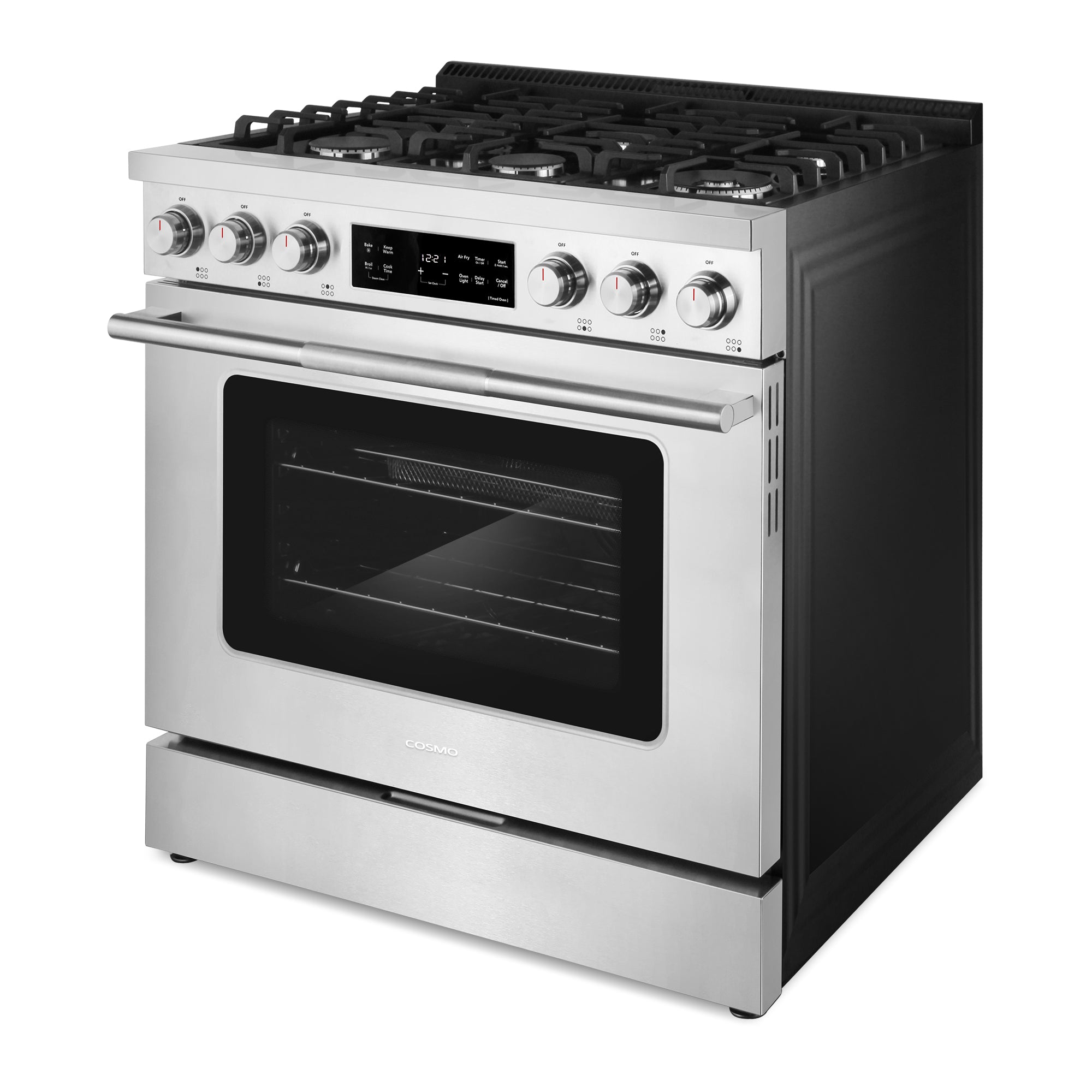 Cosmo Stellar 36 in. 6.1 cu. ft. 6-Burner Stainless Steel Gas Range with Air Fry and Storage Drawer | COS-RGS366SS